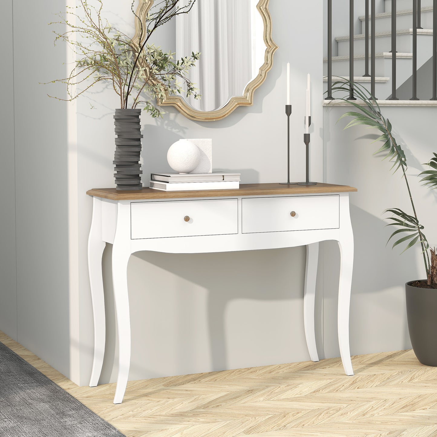 Masă Consolă Modernă cu 2 Sertare din Lemn, 100x35x76,5 cm, Alb și Maro Închis