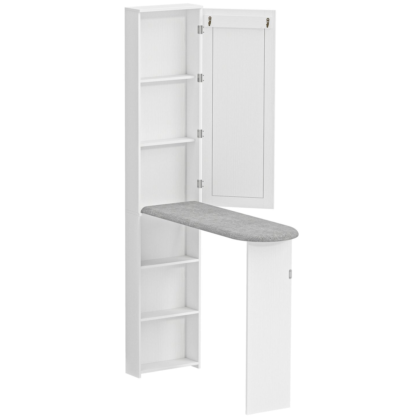 Dulap cu Masă de Călcat Pliabilă Economisitor de Spațiu cu Oglindă, Dulap Multifuncțional cu 6 Compartimente, 2 Cârlige, pentru Spălătorie Baie, 107x35x174 cm, Alb