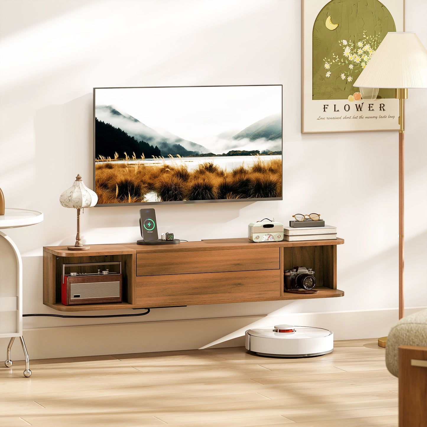Mobilier TV Suspendat până la 50" cu Prize, USB și Tip C, Sertar și Rafturi, 120x24x22.4 cm, Nuc