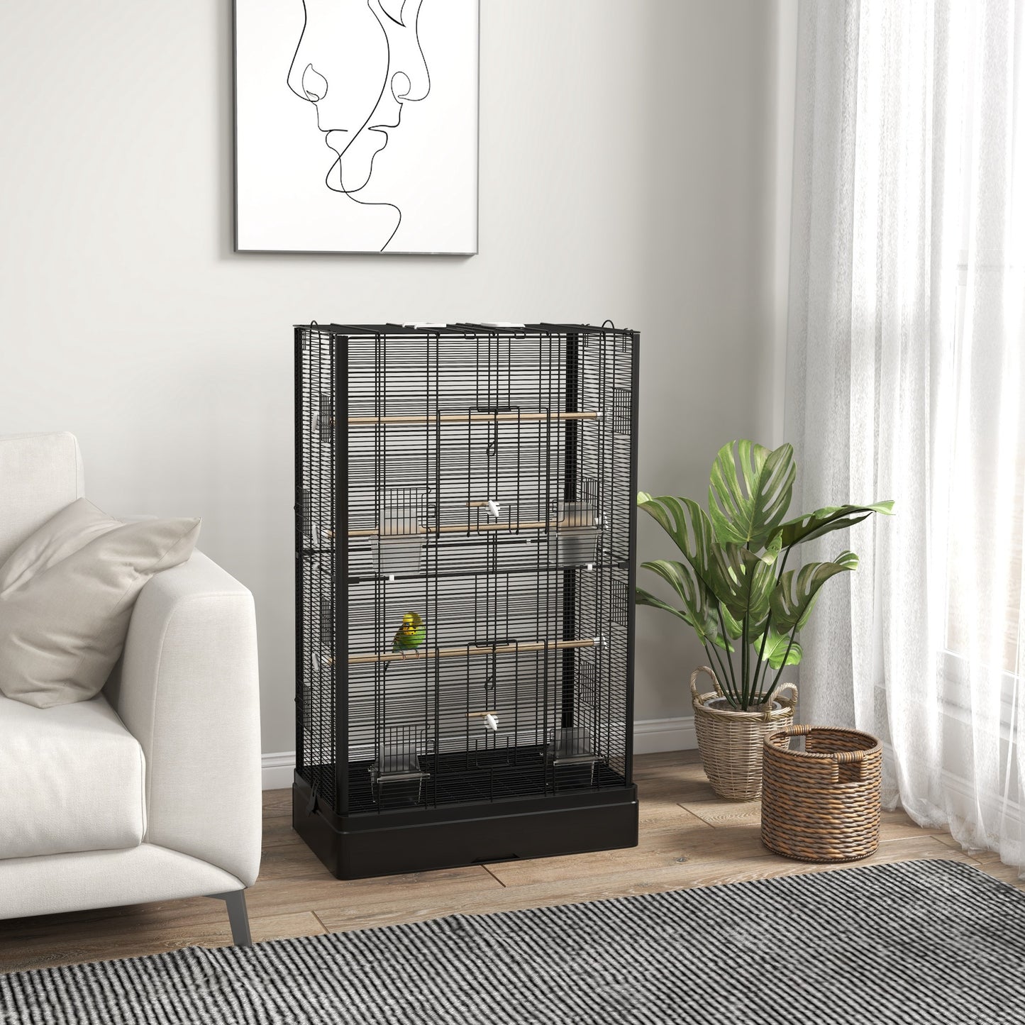 Colivie pentru Păsări cu Tavă Detașabilă și Suporturi, Volieră pentru Papagali, 61x36.5x98cm, Negru