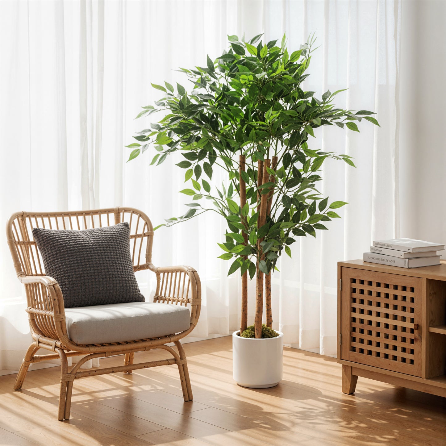 Copac Artificial de 120 cm, Plantă Decorativă cu Trunchi Solid din Lemn și Ghiveci pentru Interior, Verde