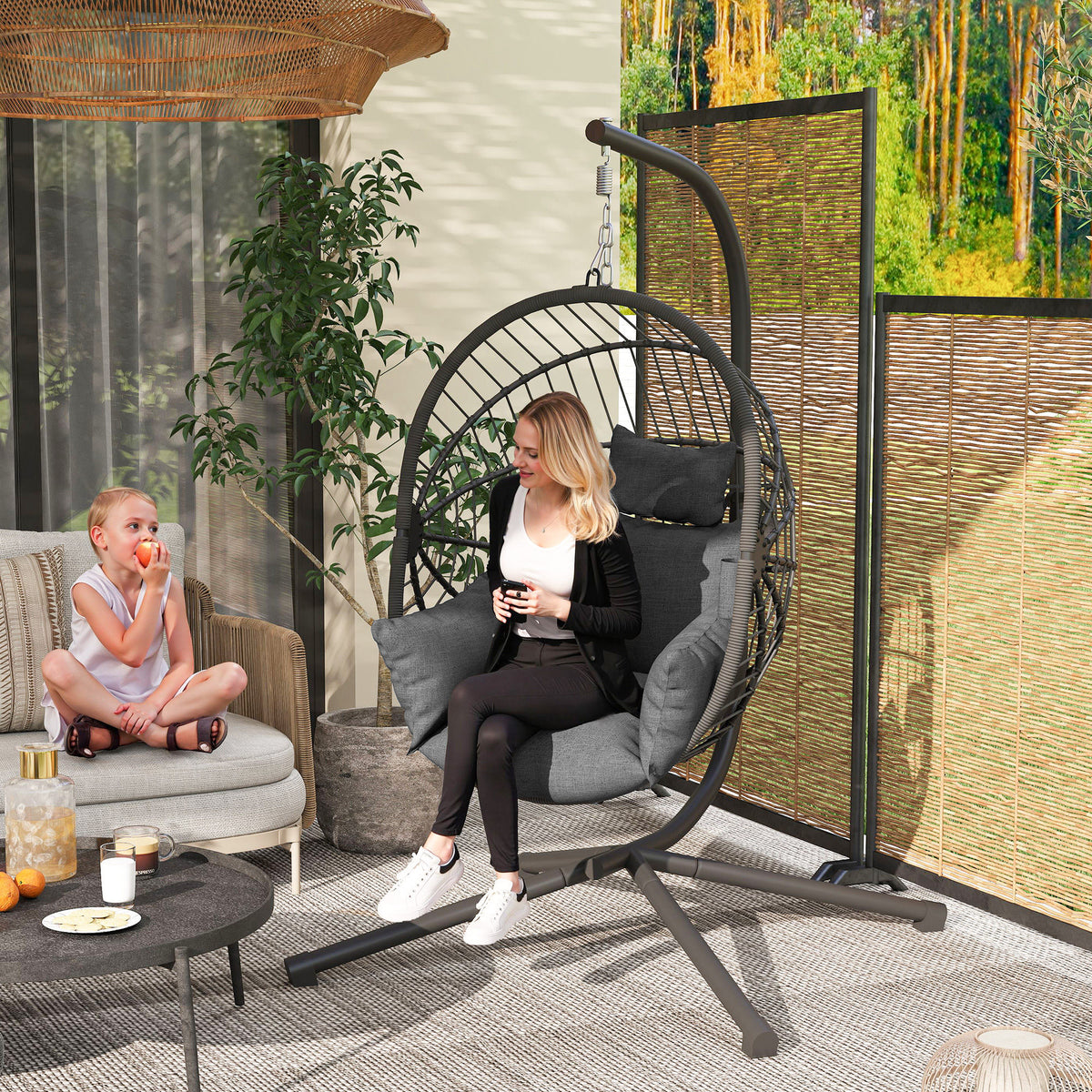 Scaun Suspendat de Exterior, cu Pernă, Tip Ou, 120 cm x 106 cm x 188 cm, Gri