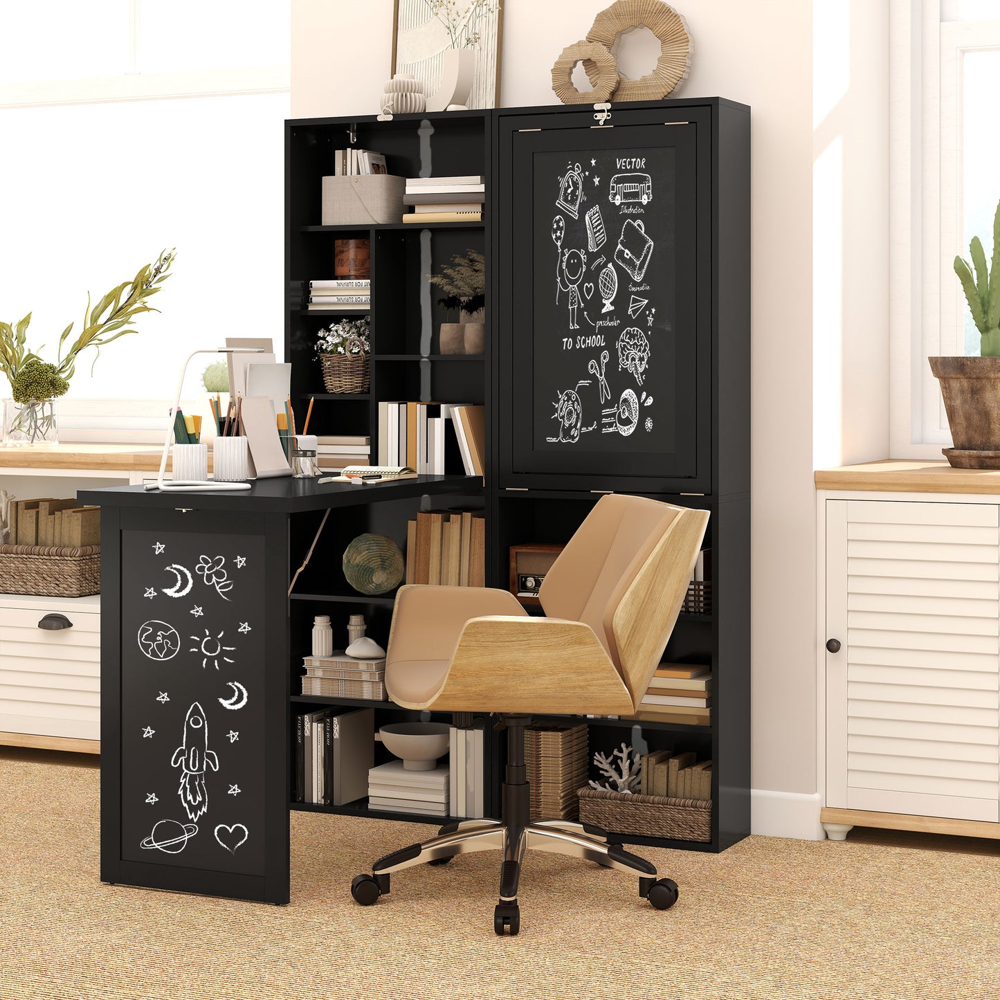 Birou Modern Pliabil cu Bibliotecă și Tablă, din Lemn și Metal, 98x51x153 cm, Negru