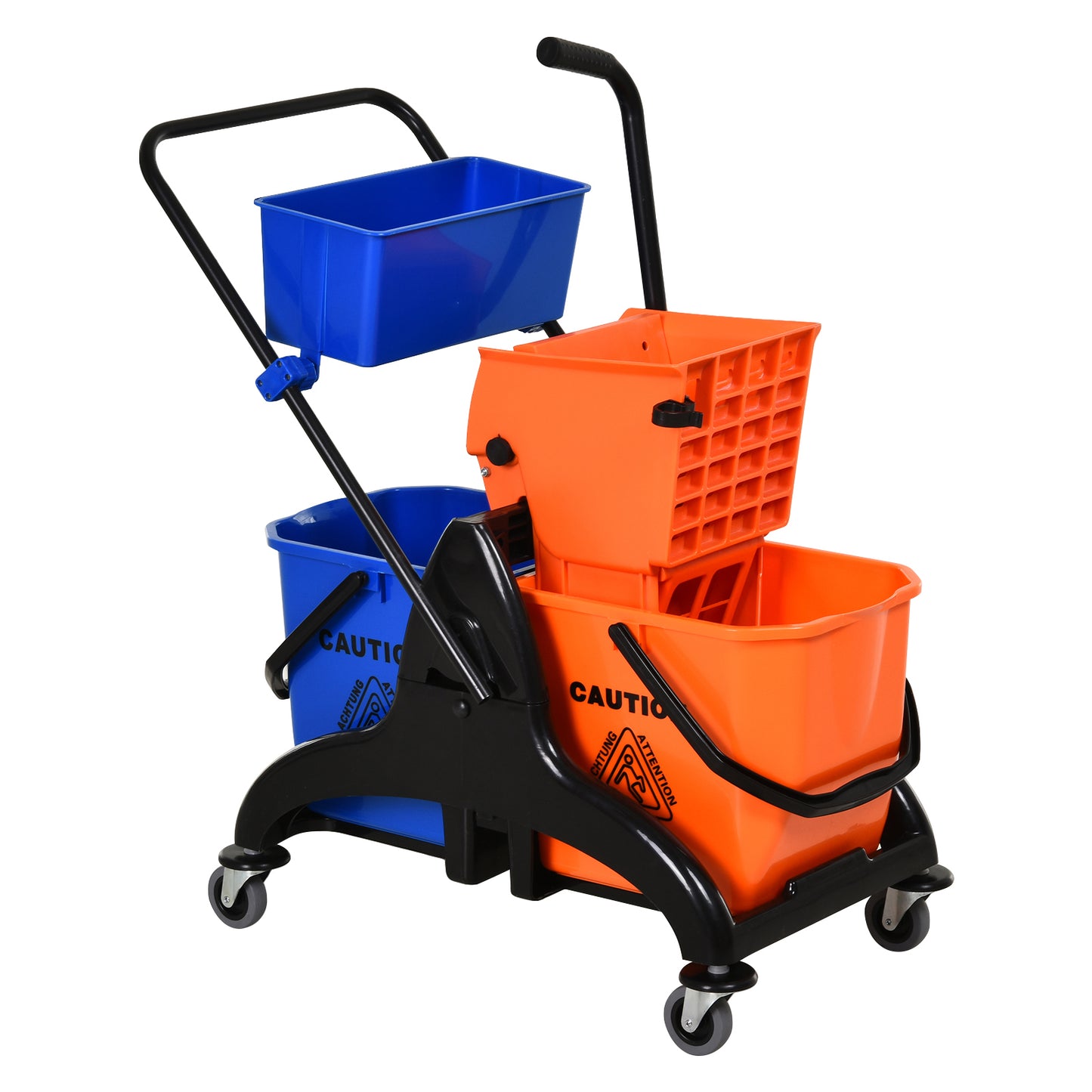 Cărucior Profesional de Curățenie cu 2 Găleți de 26L, Cărucior cu Presă, Mâner și 4 Roți Universale, pentru Hotel, Casă, Birou, 78x45x95 cm, Portocaliu și Albastru