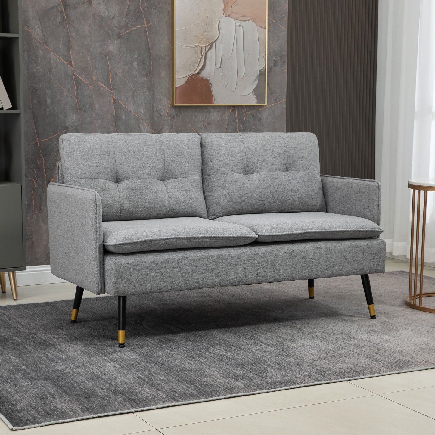 Canapea cu 2 Locuri din Material Textil cu Perne Capitonate, Canapea Modernă cu 2 Locuri cu Picioare din Oțel 139x68x80cm, Gri