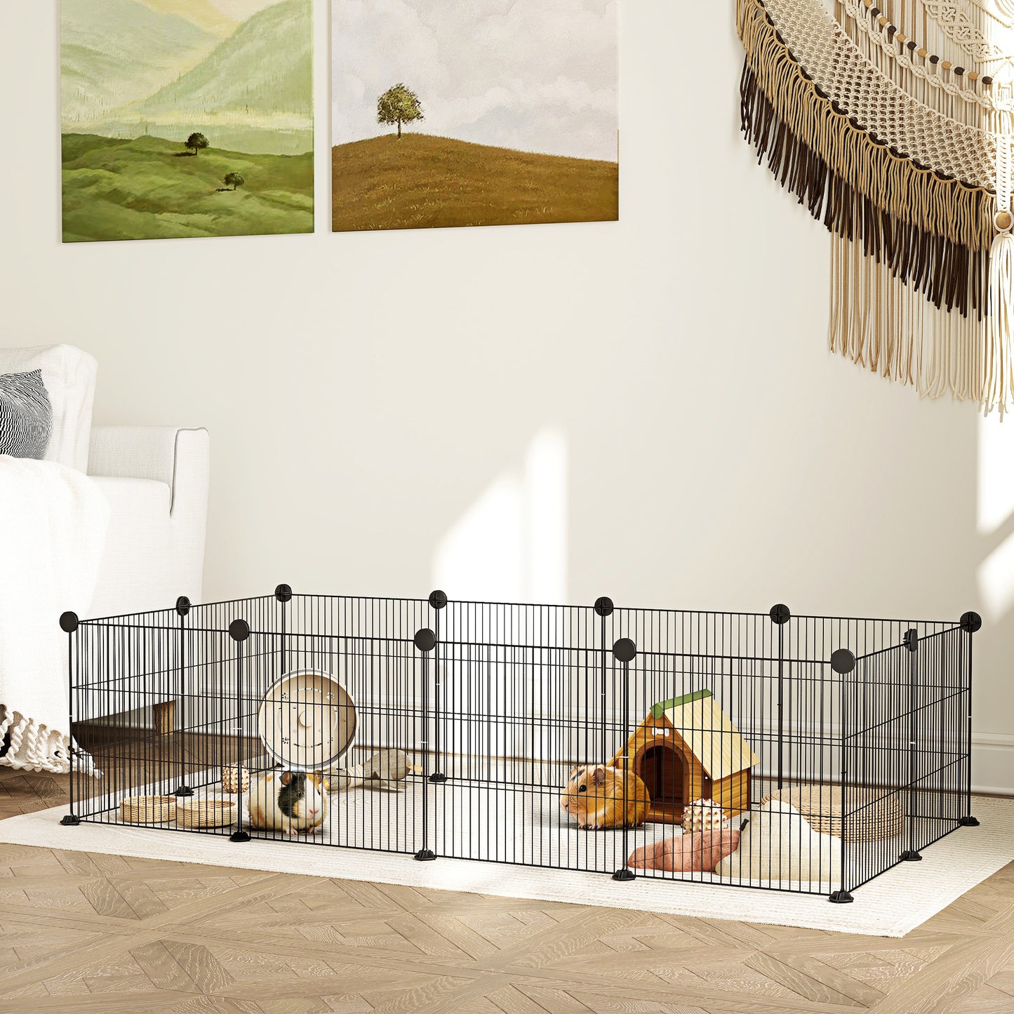 Țarc modular pentru animale cu 12 panouri de 35x35 cm și margini rotunjite, din metal și ABS, 140x70x35 cm, negru