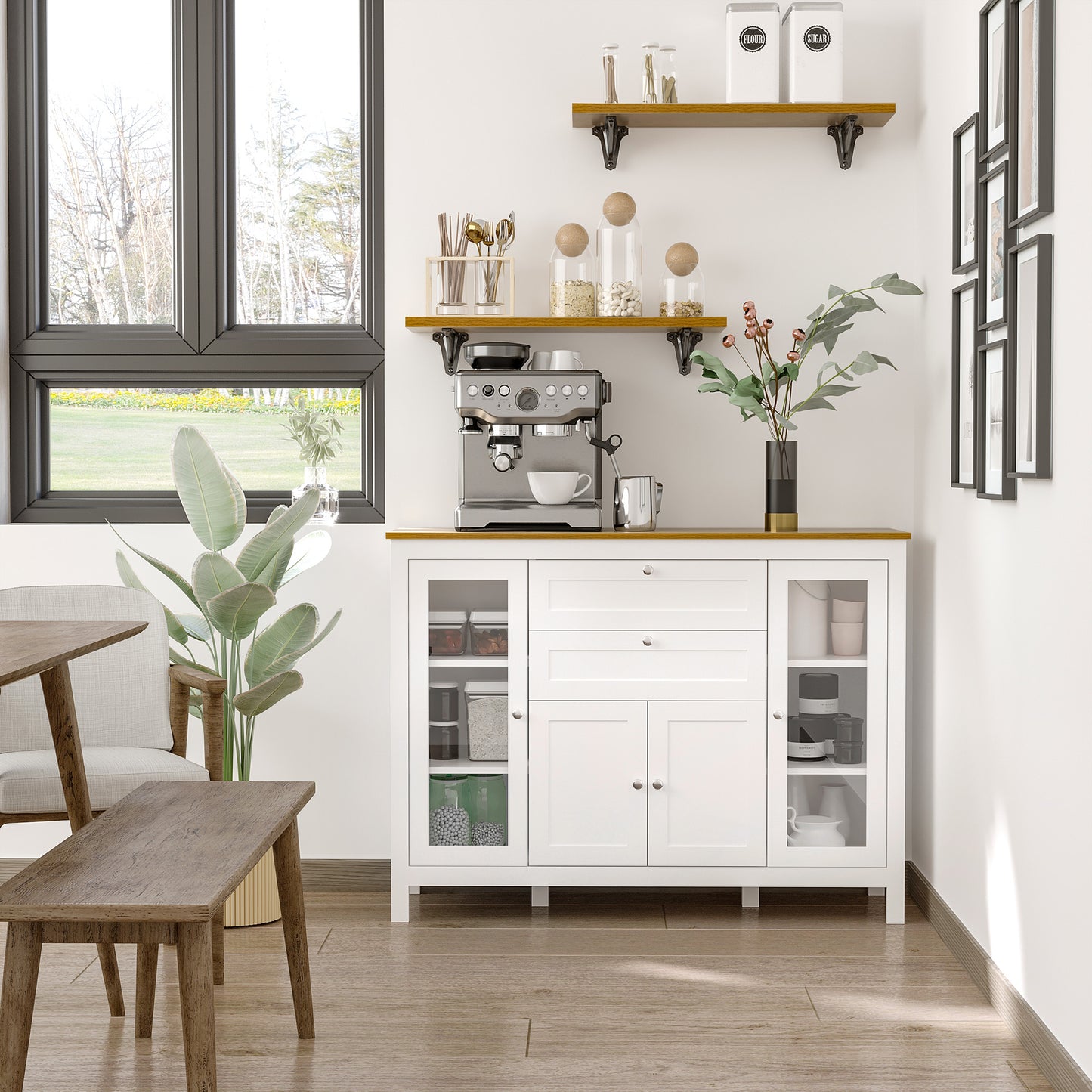 Mobilier de Bucătărie cu 2 Sertare și 3 Dulapuri, Uși din Sticlă și Rafturi Ajustabile, 120x40x90 cm, Alb și Stejar