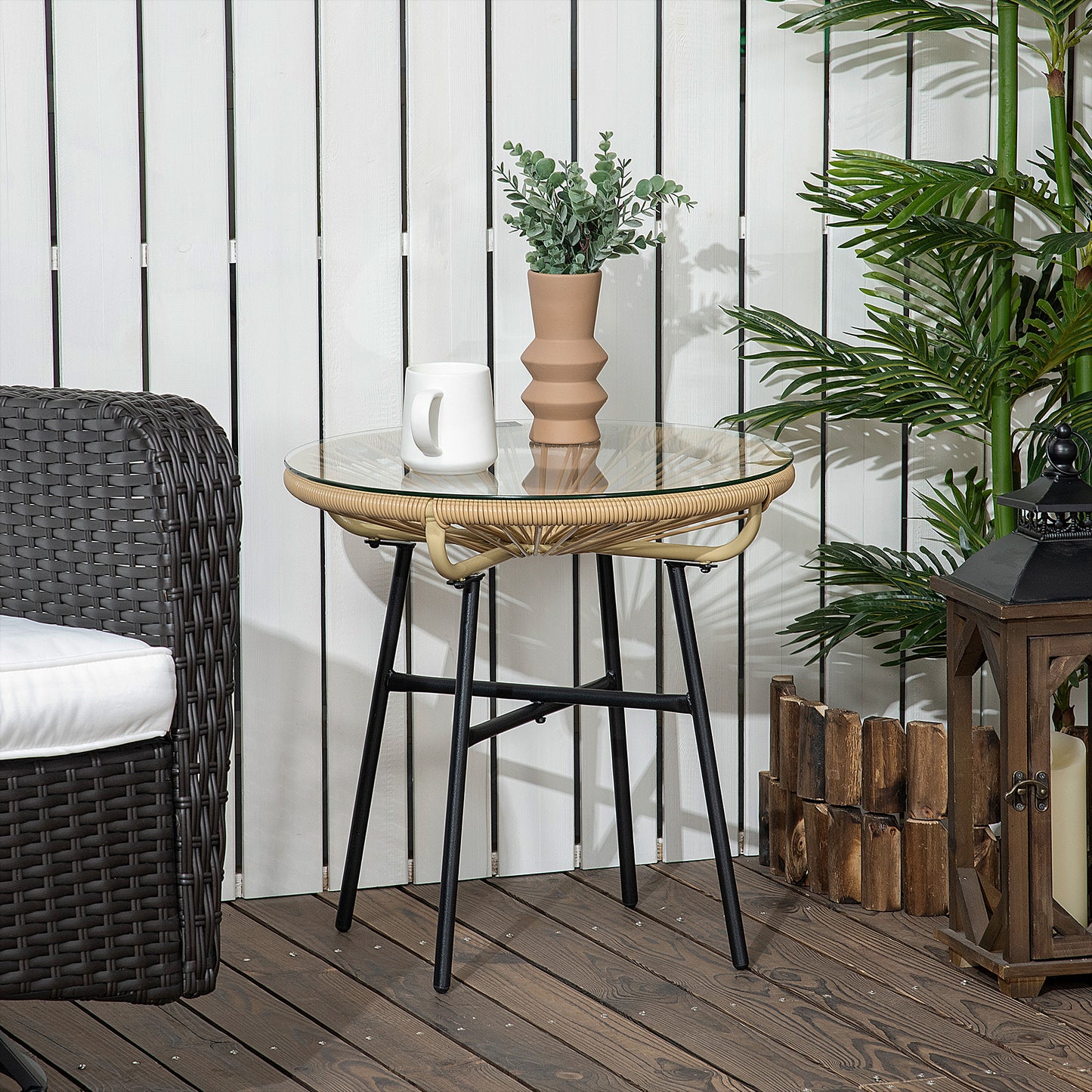 Masa laterala din ratan, Masuta rotunda de cafea pentru exterior, cu ratan rotund PE si blat din sticla securizata pentru terasa, gradina, balcon, negru