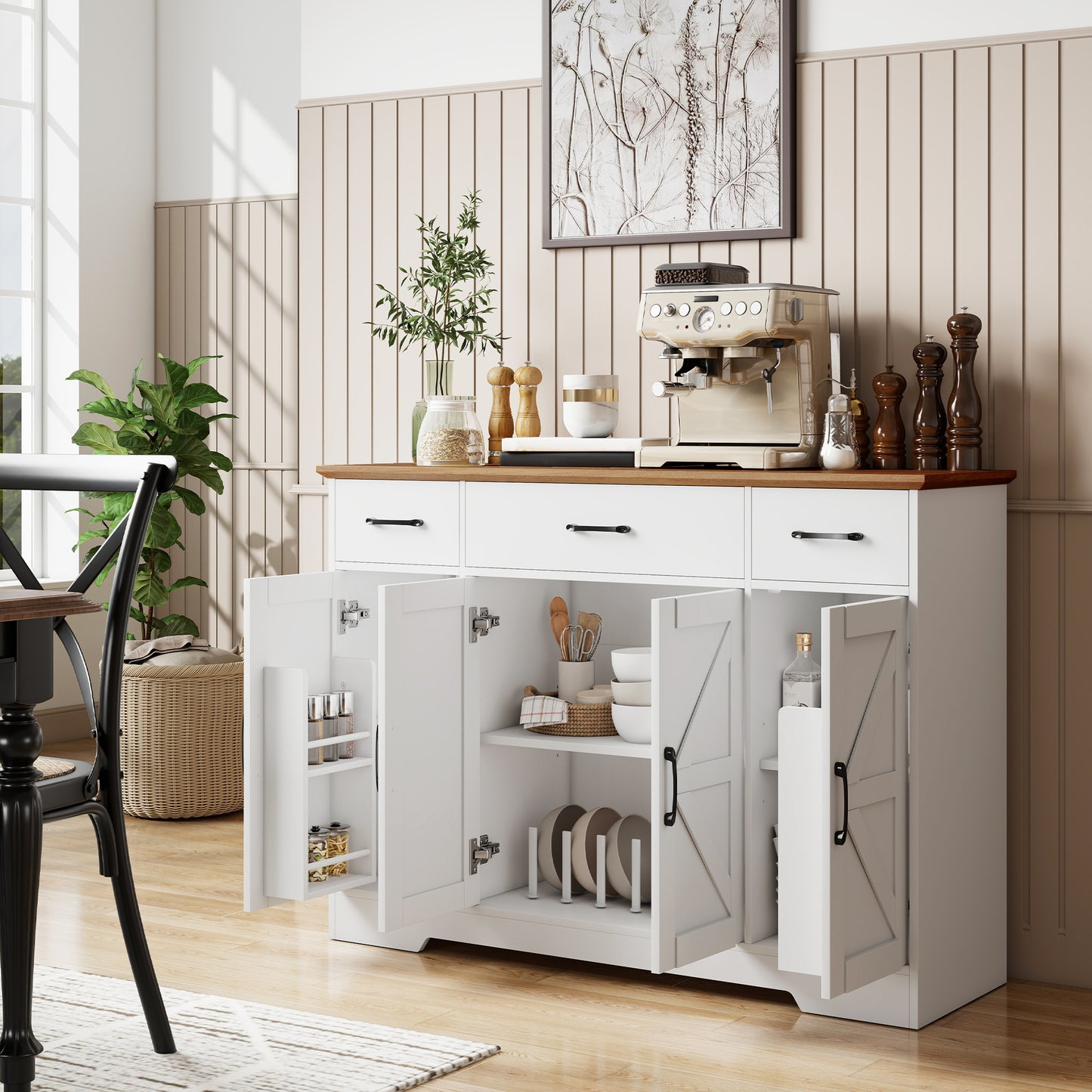 Bufet Bucătărie Rustic, Bufet cu Uși Soft-Close, 3 Sertare, 3 Rafturi Reglabile, Portaspecii, PAL, MDF, Alb