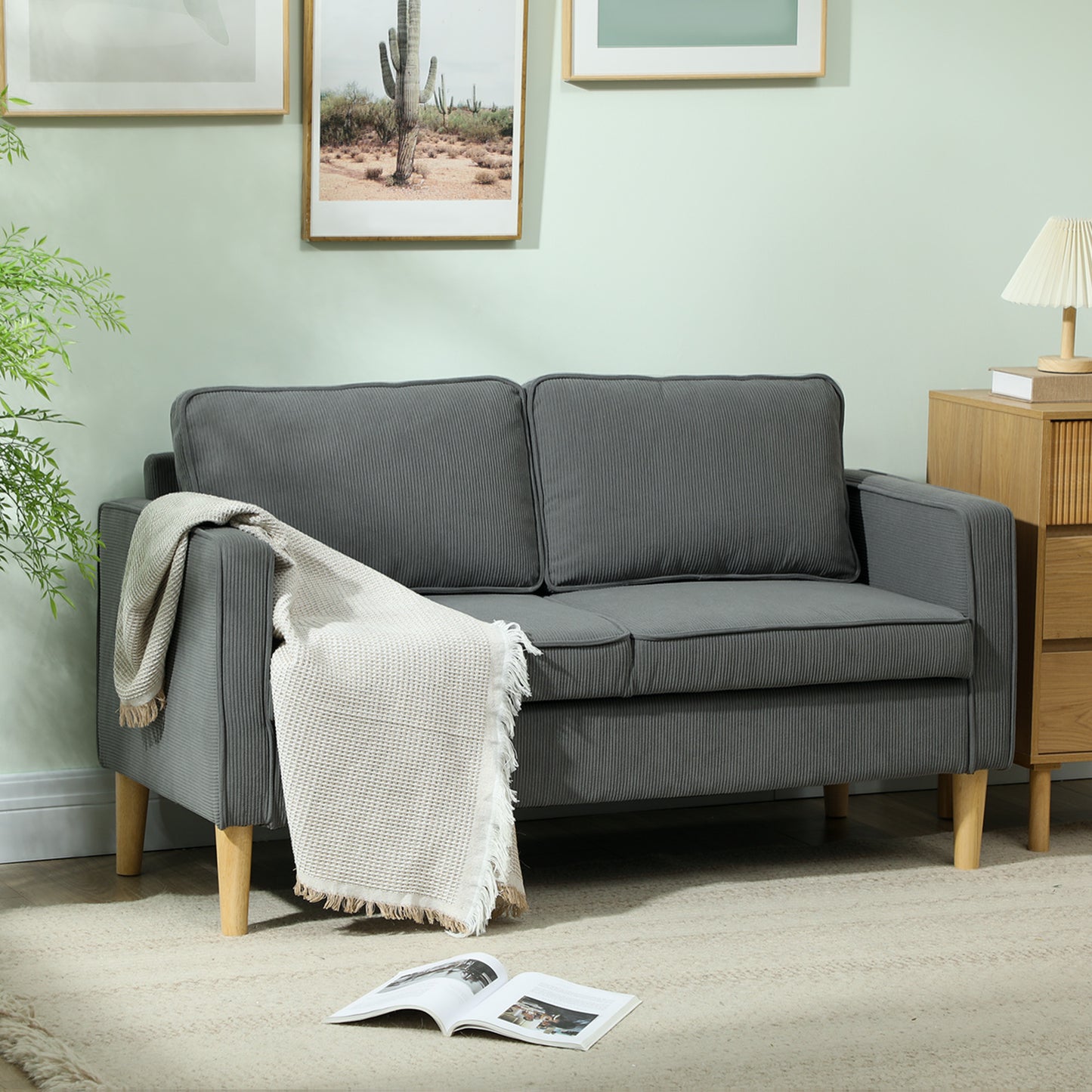 Canapea cu 2 locuri, cu spațiu de depozitare și 2 perne, din material textil cu efect de catifea și lemn, 140x63x79 cm, gri
