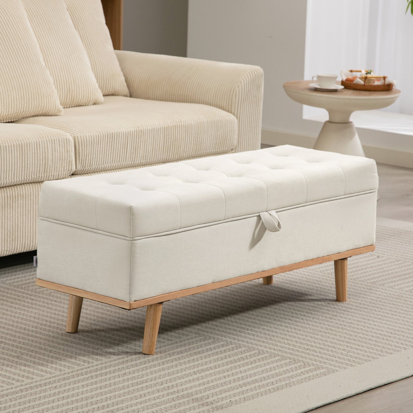 Bancă de Depozitare de 80L Tapițată cu Material Textil și Picioare din Lemn, 118x42x45 cm, Crem