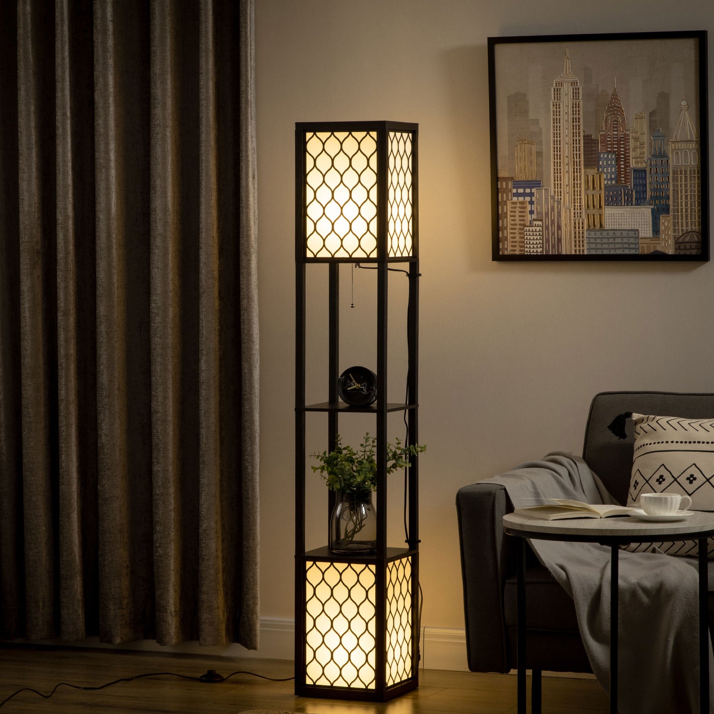 Lampa de podea coloana din MDF si plastic PP cu 2 rafturi, pentru camera de zi, studiu si dormitor, 26x26x156cm, alb si negru