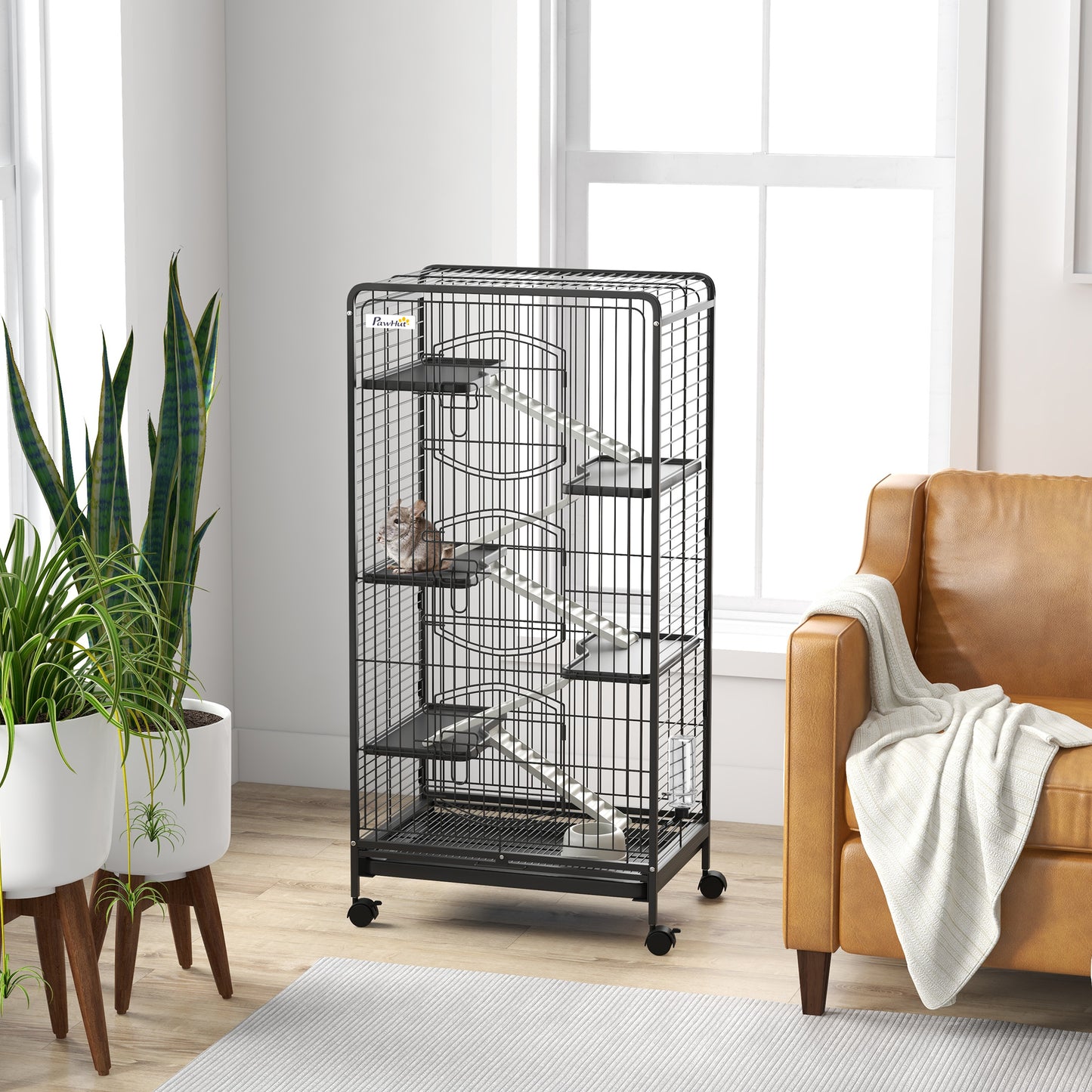 Cușcă pentru Animale Mici și Rozătoare cu Roți, 5 Rampe și 5 Platforme, 61.5x44x131 cm, Negru