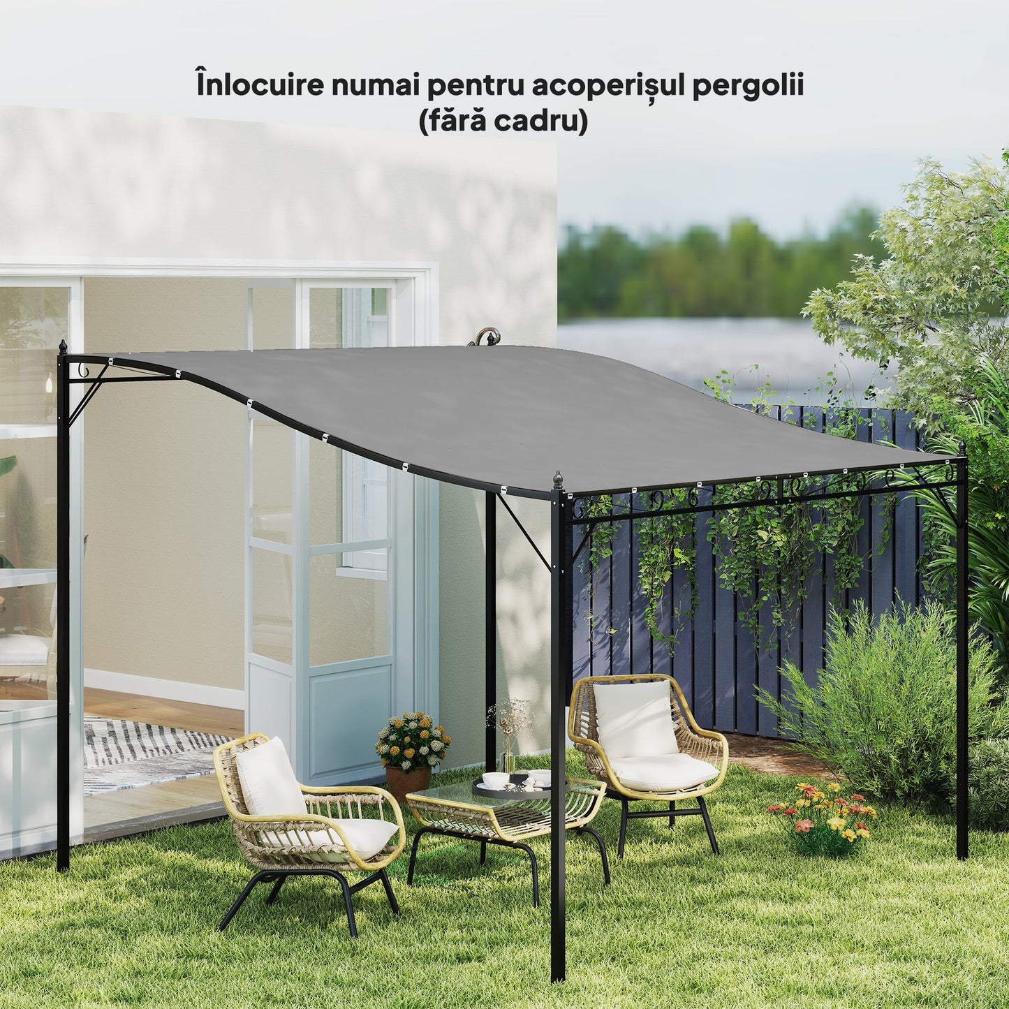 Copertină de Rezervă pentru Pergolă cu 16 Orificii de Scurgere, Cârlige şi Inele, 297x 297 cm, Gri Închis