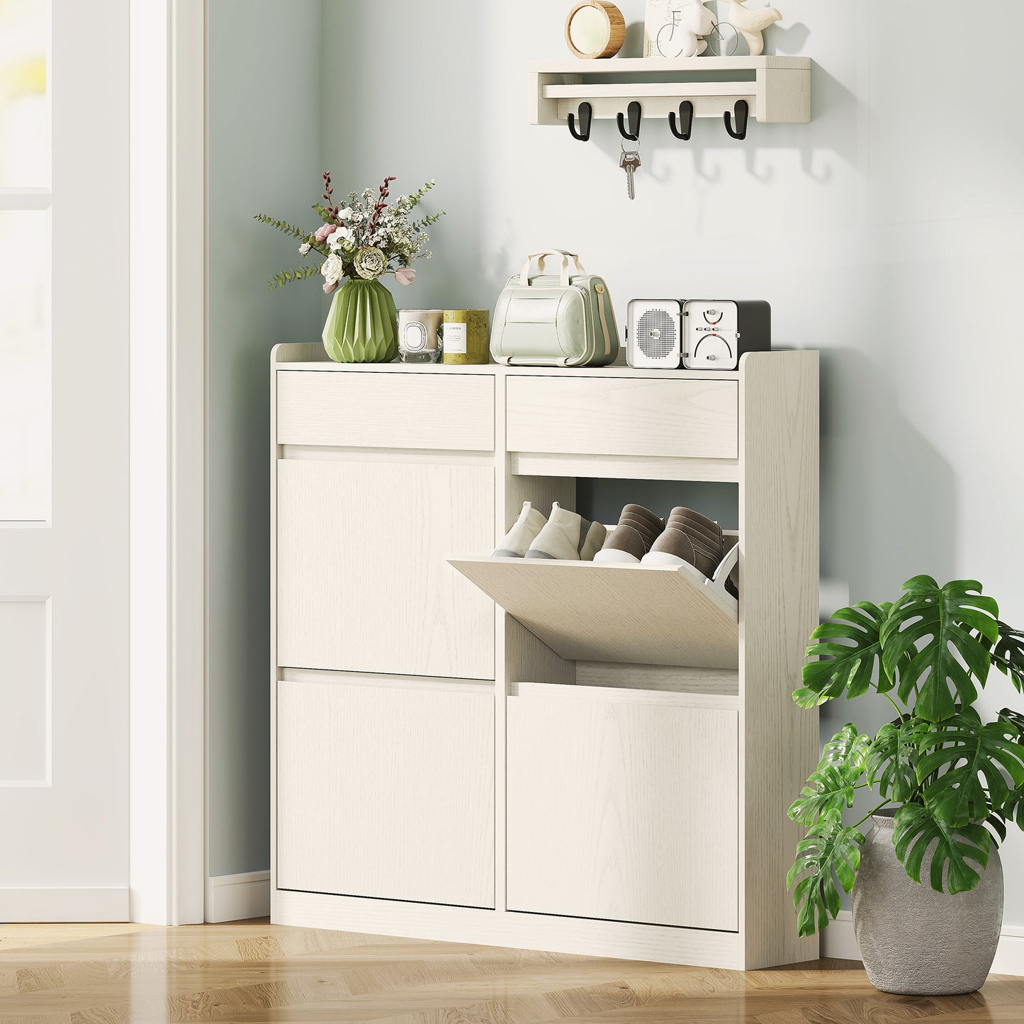 Dulap de Pantofi Slim din Lemn cu 4 Sertare Rabatabile și 2 Sertare Glisante, 98x19,2x95,3 cm, Alb