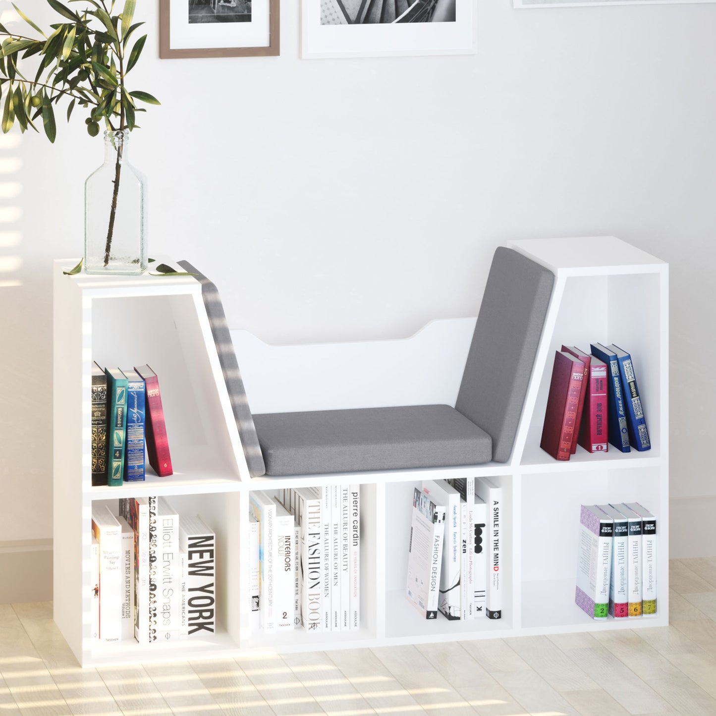 Bibliotecă 2 în 1 cu 6 secțiuni, cu perne moi, din lemn, spumă și poliester, 102x30x61 cm, alb
