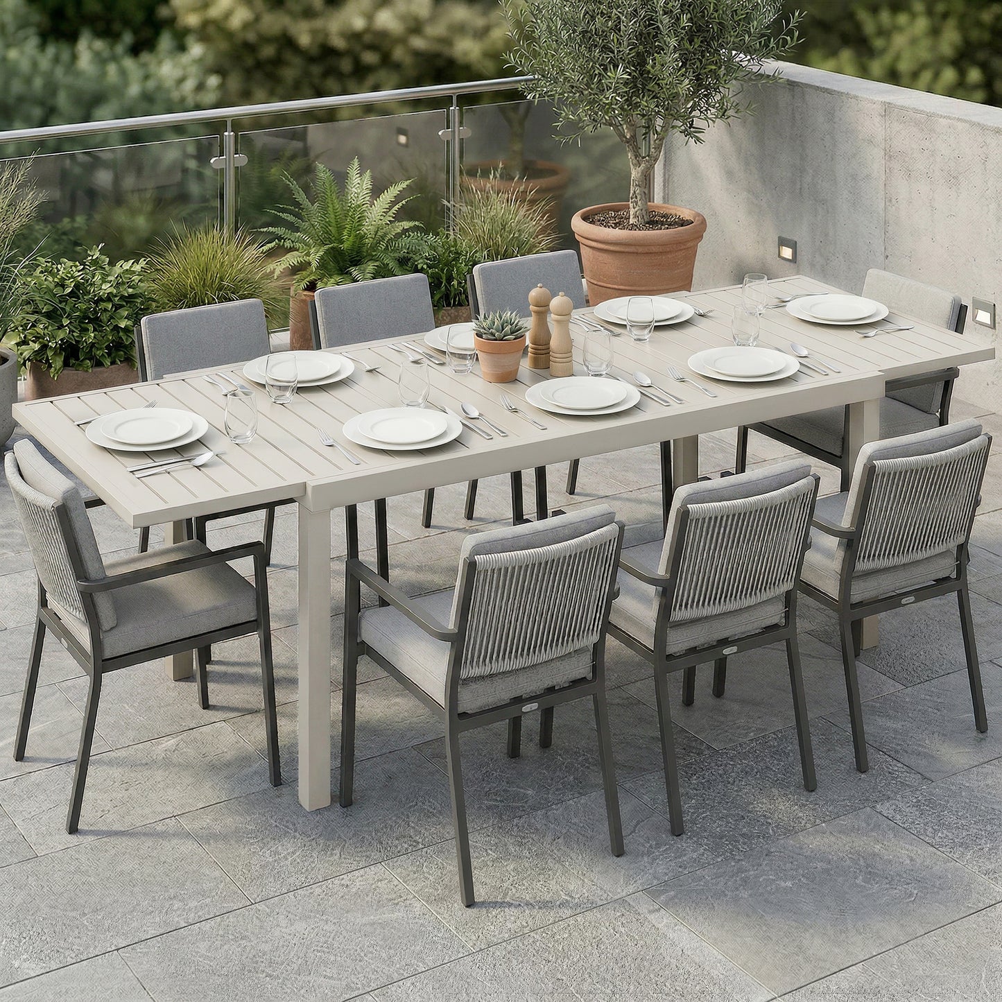 Masă de Grădină Extensibilă pentru 6-8 Persoane, din Aluminiu cu Blat cu Lamele, Alb