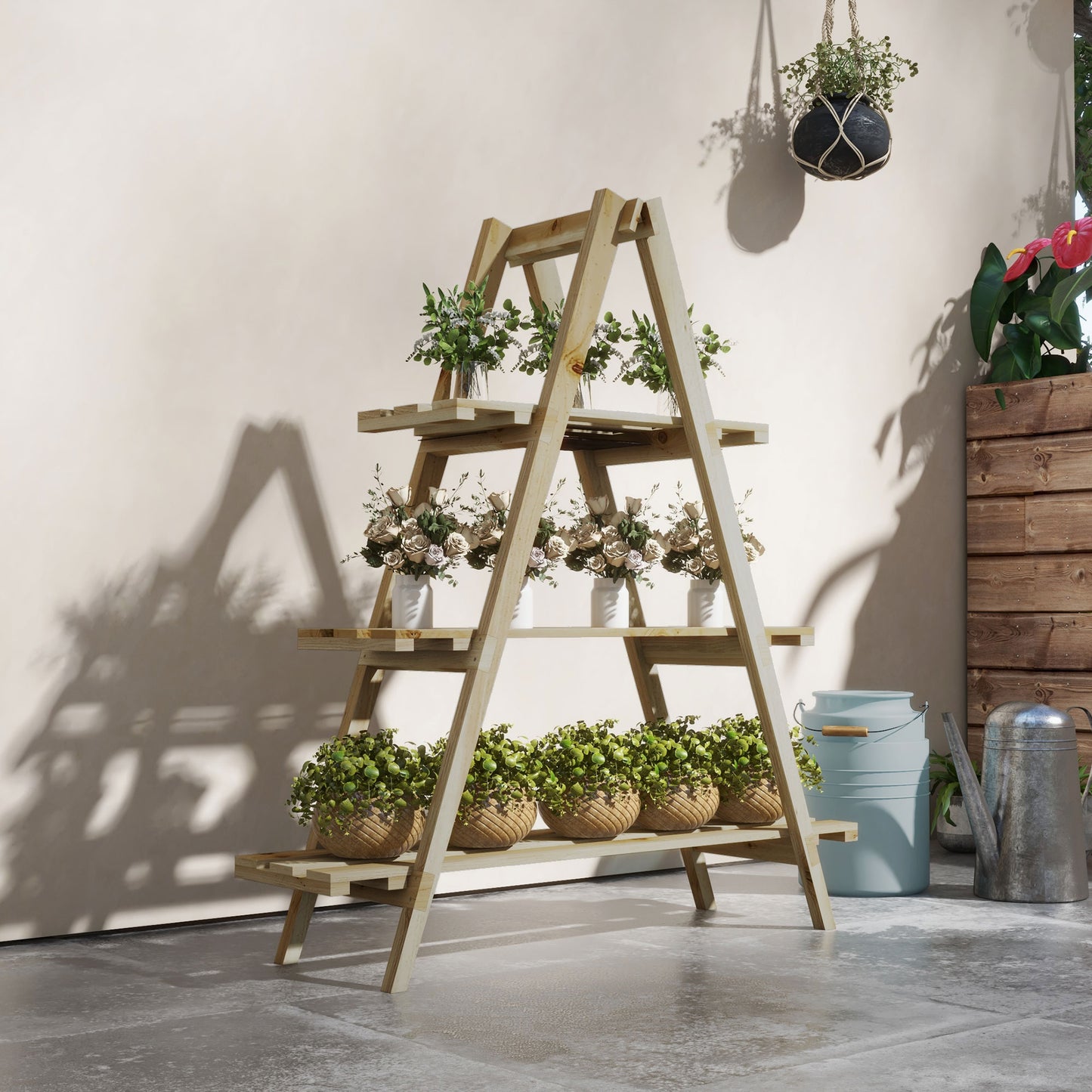 Suport Vertical pentru Plante cu 3 Nivele din Lemn de Brad, 100x36x112 cm, Culoare Lemn Natural