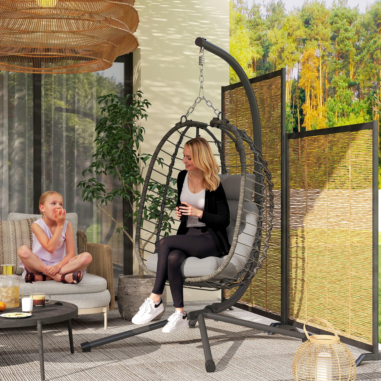 Scaun suspendat tip ou din ratan cu pernă și tetieră, înălțime reglabilă și șezut pliabil, gri