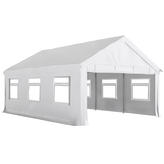 Pavilion de Grădină 4x6 m cu Pereți Laterali, 6 Ferestre și Dublă Intrare, din Oțel Galvanizat, Alb