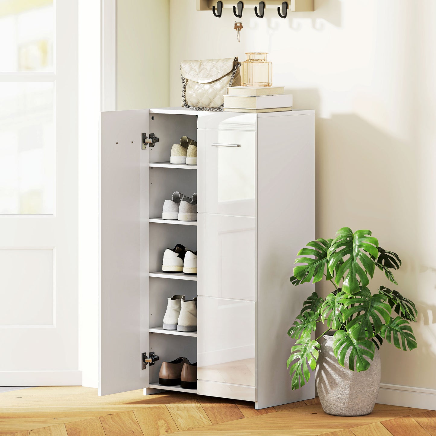 Dulap pentru încălțăminte cu 5 rafturi reglabile și detașabile, din lemn, 55x36x108 cm, alb lucios