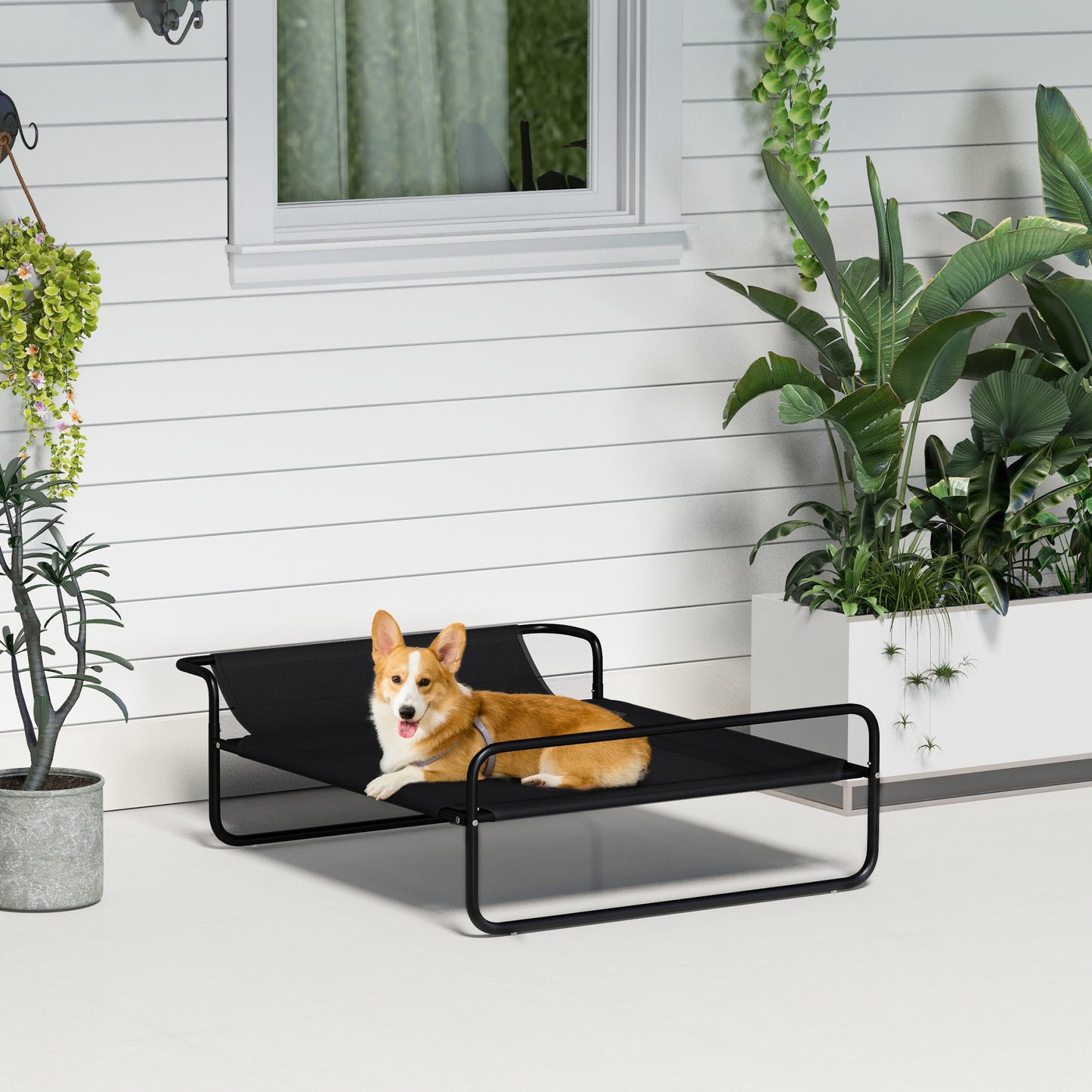 Pat Ridicat pentru Câini, Pat de Camping pentru Câini și Pisici cu Tetieră Reglabilă, Material Respirabil Texteline, pentru Interior și Exterior, 91x69x29 cm, Negru