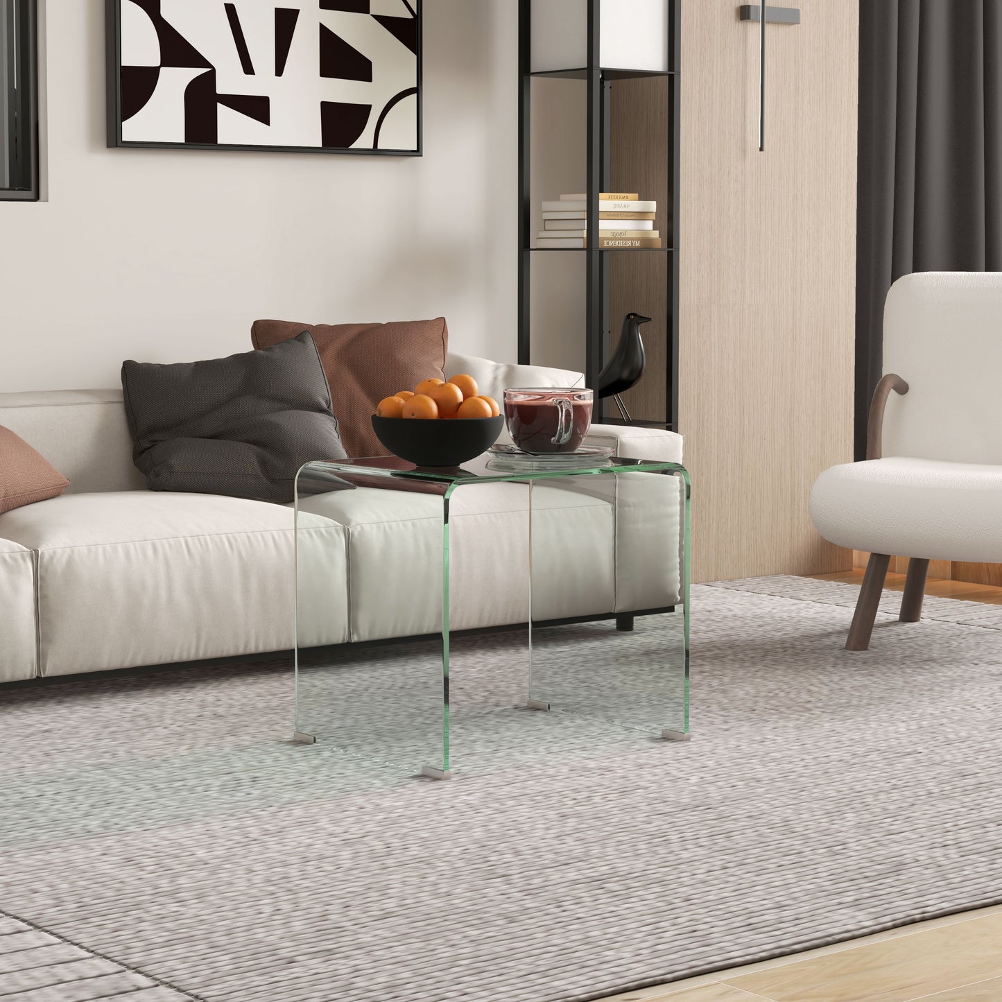 Măsuță modernă din sticlă securizată pentru living, design monobloc, 50x40x45 cm, transparentă