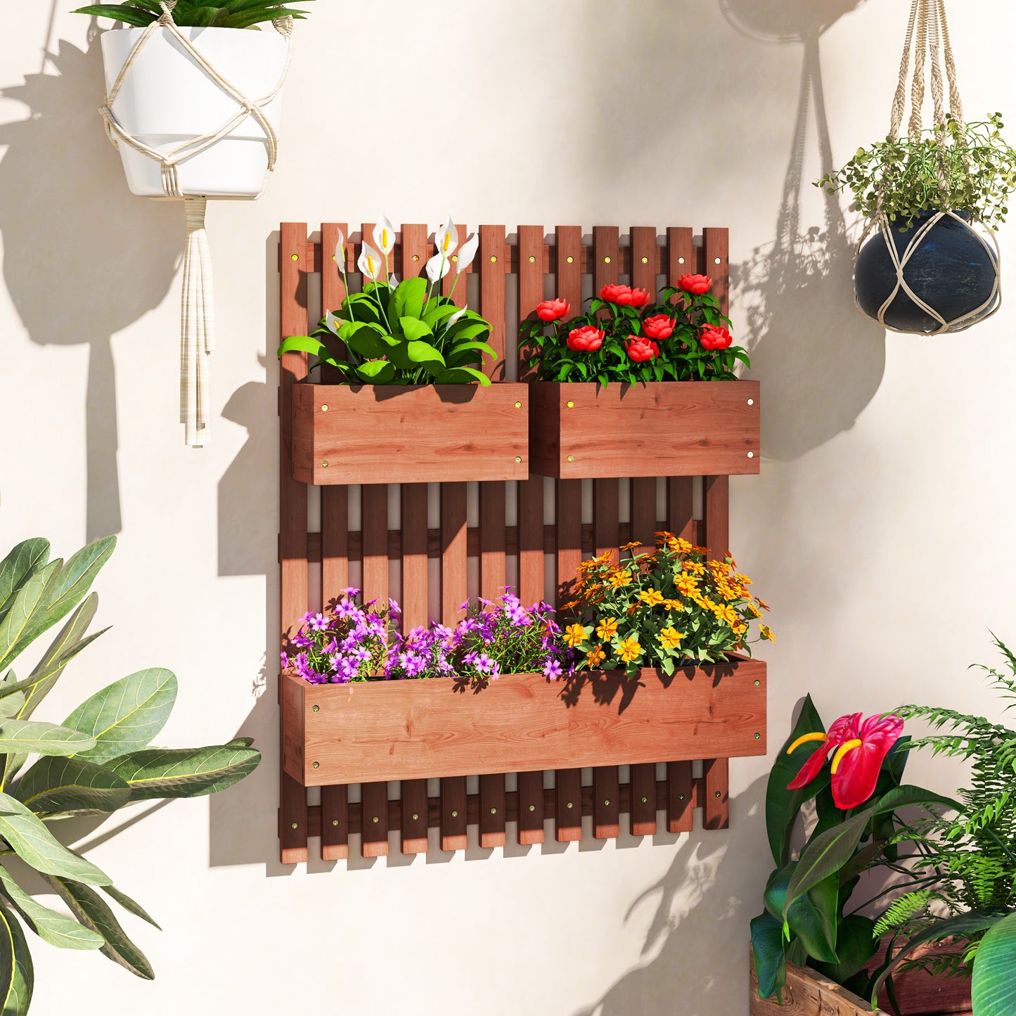 Jardinieră Verticală cu Șipci și 3 Vase Detașabile, în Lemn de Brad, 60x16x80 cm, Maro