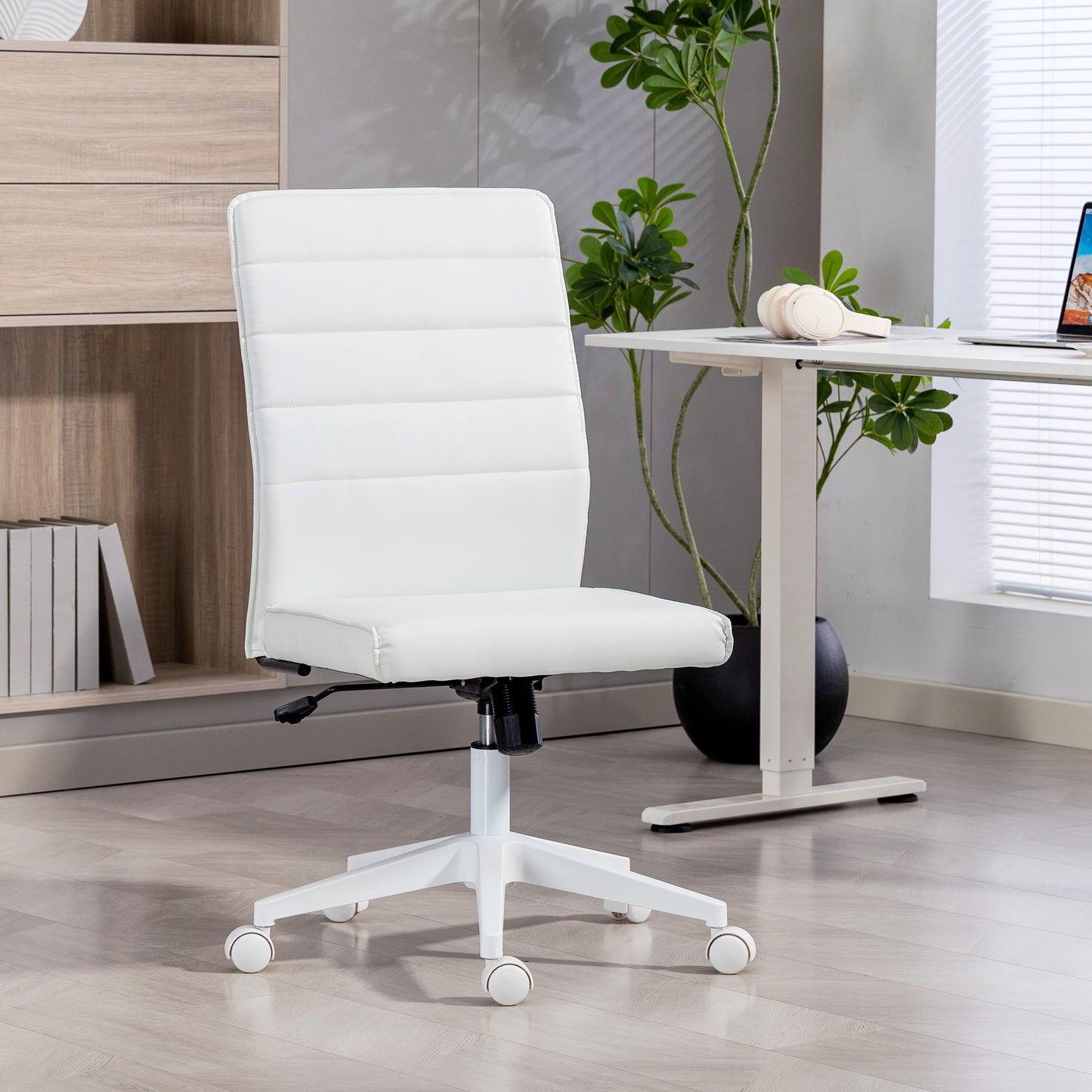 Scaun de Birou Ergonomic și Reglabil cu Spătar Curbat, din Piele PU și Oțel, 58x53x97-107 cm, Alb