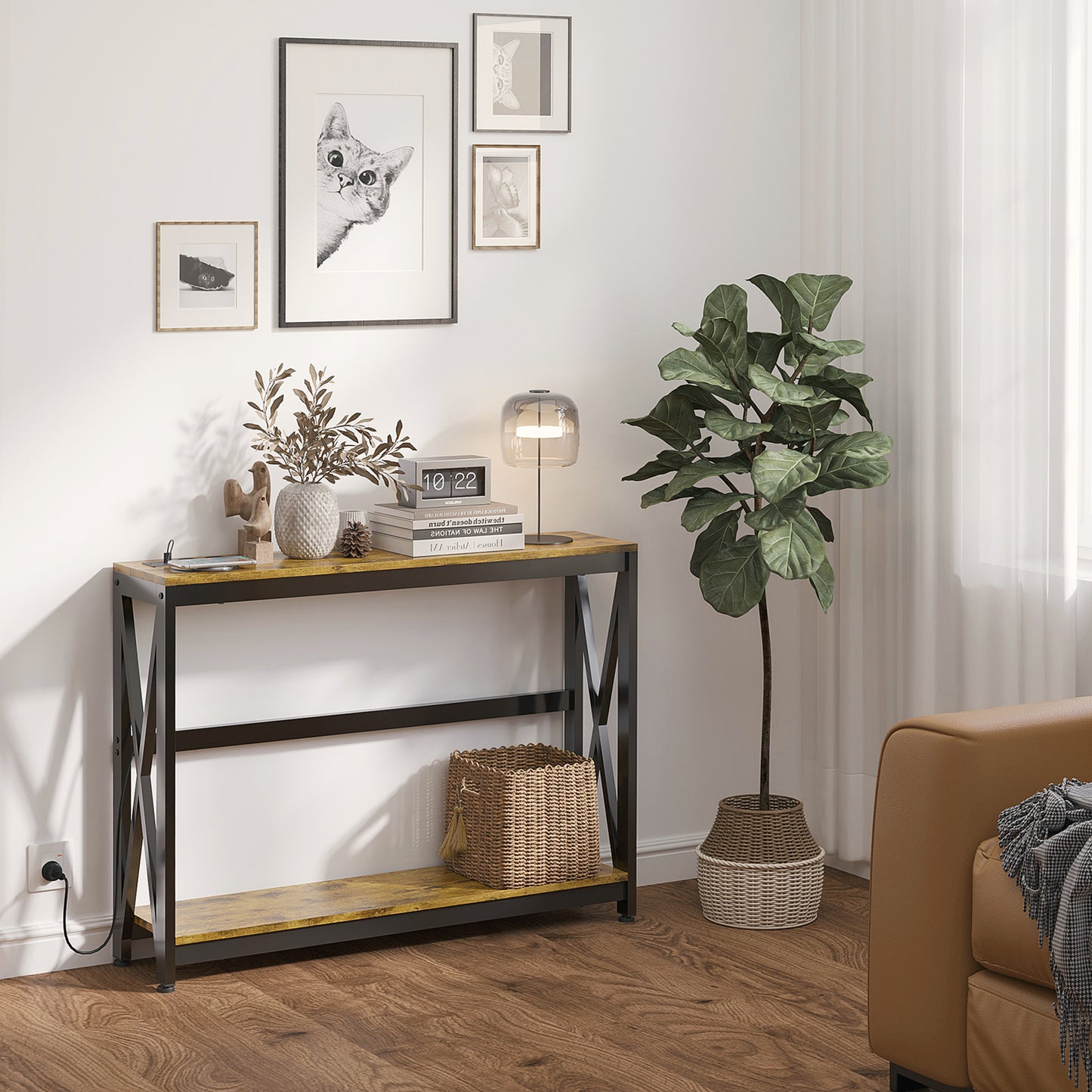 Consolă de Intrare Stil Industrial cu Prize Electrice și USB, Lemn și Oțel, 100x24x75cm, Maro
