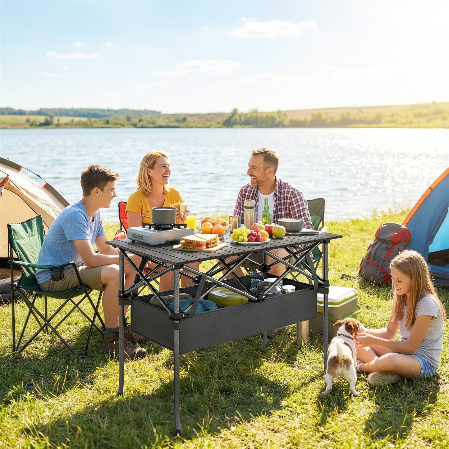 Masă de Picnic Pliabilă și Portabilă cu Plasă de Depozitare și Geantă de Transport, pentru Camping și Exterior, Neagră