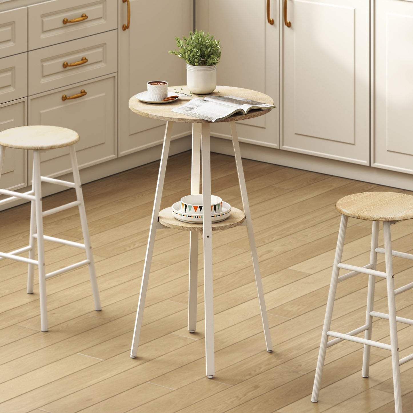 Masă Înaltă Rotundă cu Raft, Masă Modernă pentru Bucătărie sau Dining, PAL, Metal, Lemn Natural și Alb