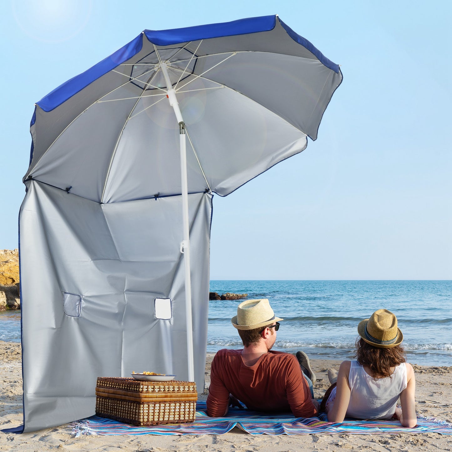 Umbrelă de Plajă cu Acoperiș Înclinabil la 45°, Ferestre și 2 Buzunare, Ø191x211 cm, Albastru