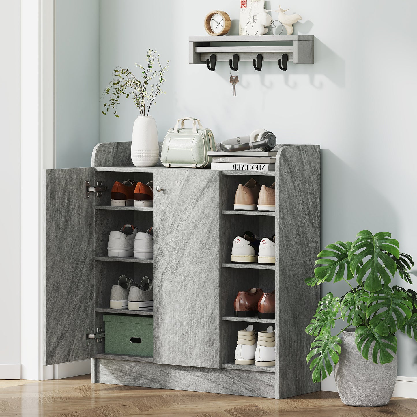 Dulap Modern pentru Pantofi din Lemn cu 4 Rafturi Deschise și Dulap pentru 12 Perechi, 83x30x90 cm, Gri Ciment