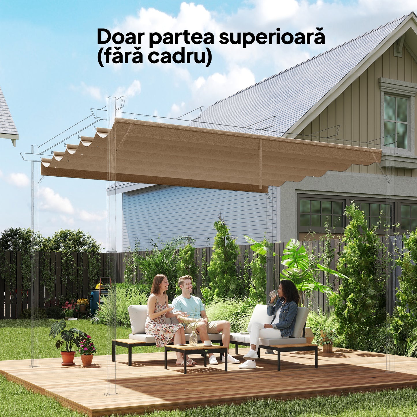 Acoperiș pentru Gazebo Pergolă cu 10 Orificii de Drenaj din Poliester, 250x255 cm, pentru Pergolă 3x3 m, Maro Deschis