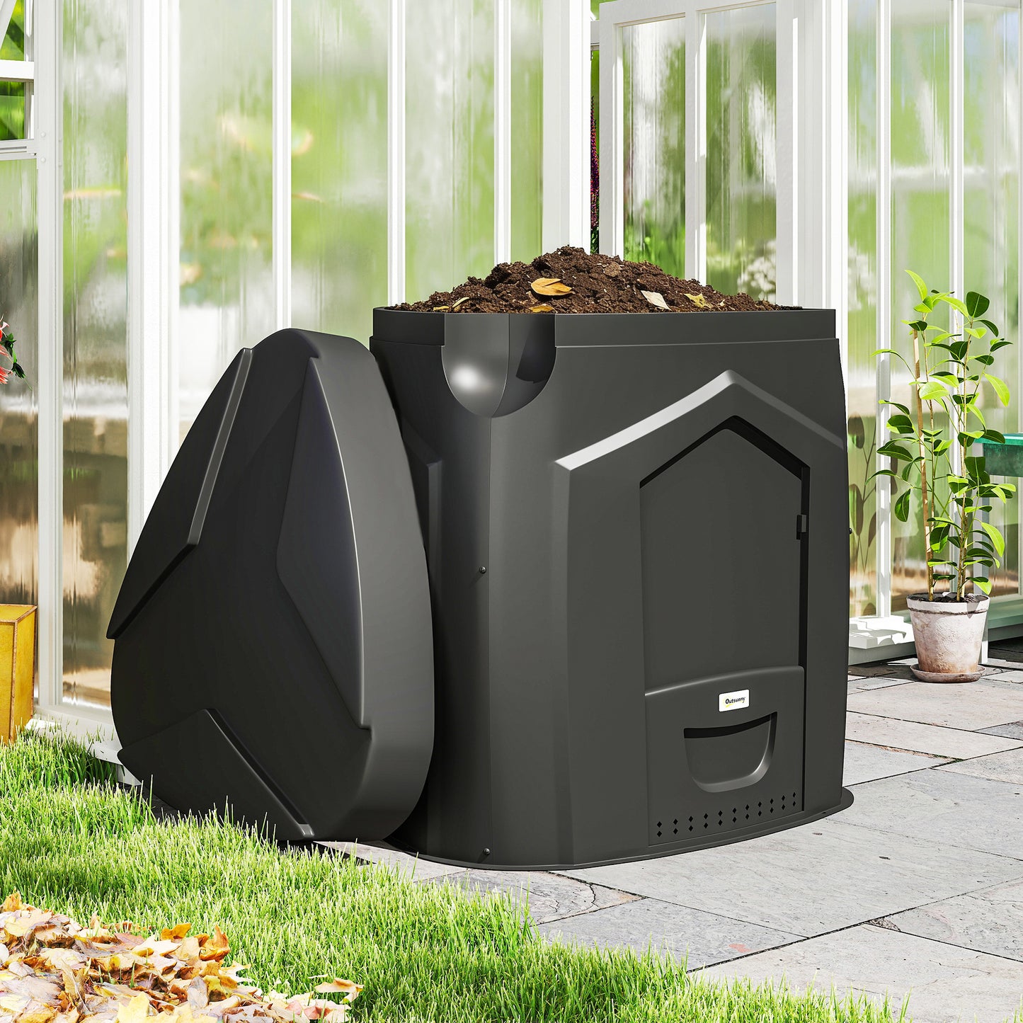 Compostor de Grădină 240L Triunghiular Rotativ cu 66 Guri de Aerisire și 3 Uși, din PP, 78x75x78 cm, Negru