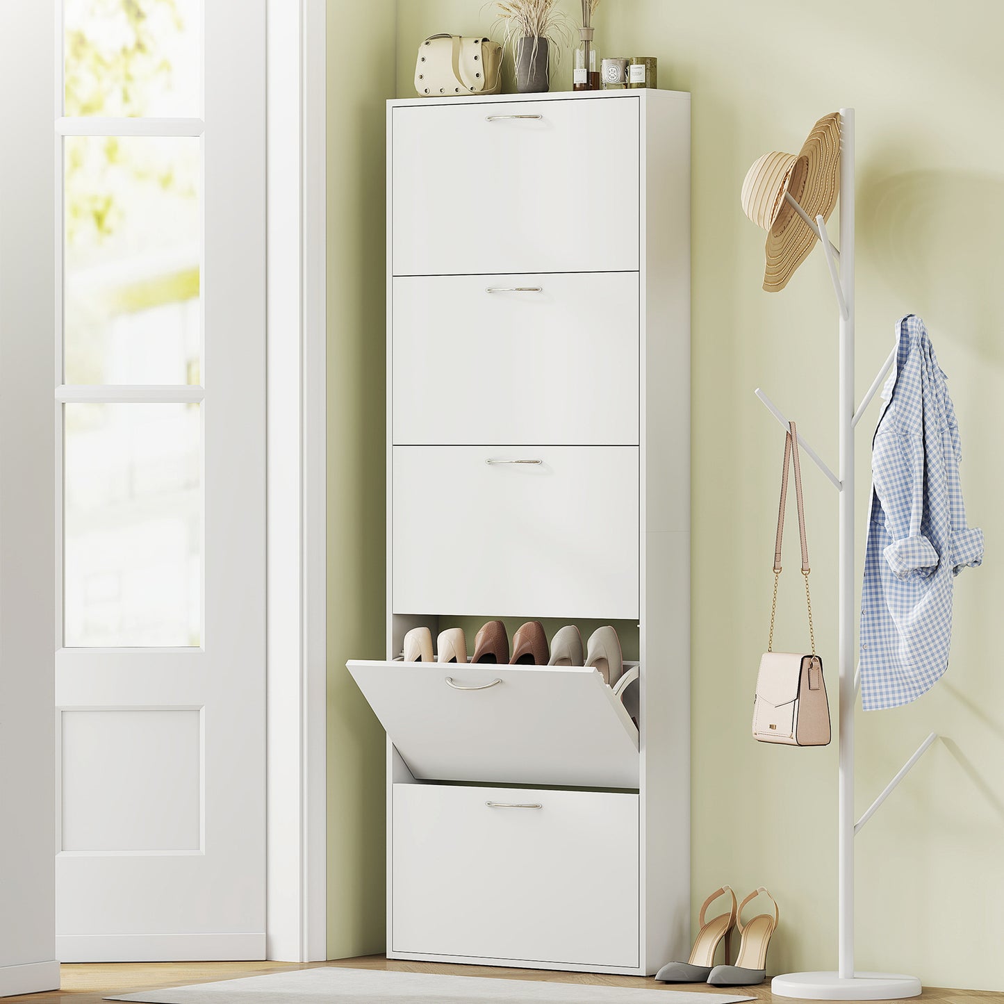 Dulap pentru Pantofi cu 5 Uși Anti-Răsturnare, din PAL, 65x17x180.5 cm, Alb