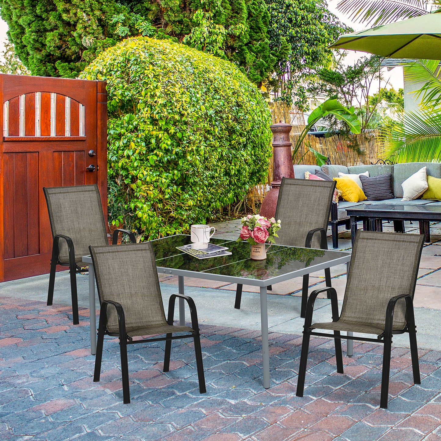 Set 4 Piese Scaune de Gradina cu Cotiere, Scaune de Exterior Stivuibile din Metal si Tesatura Respirabila, Maro