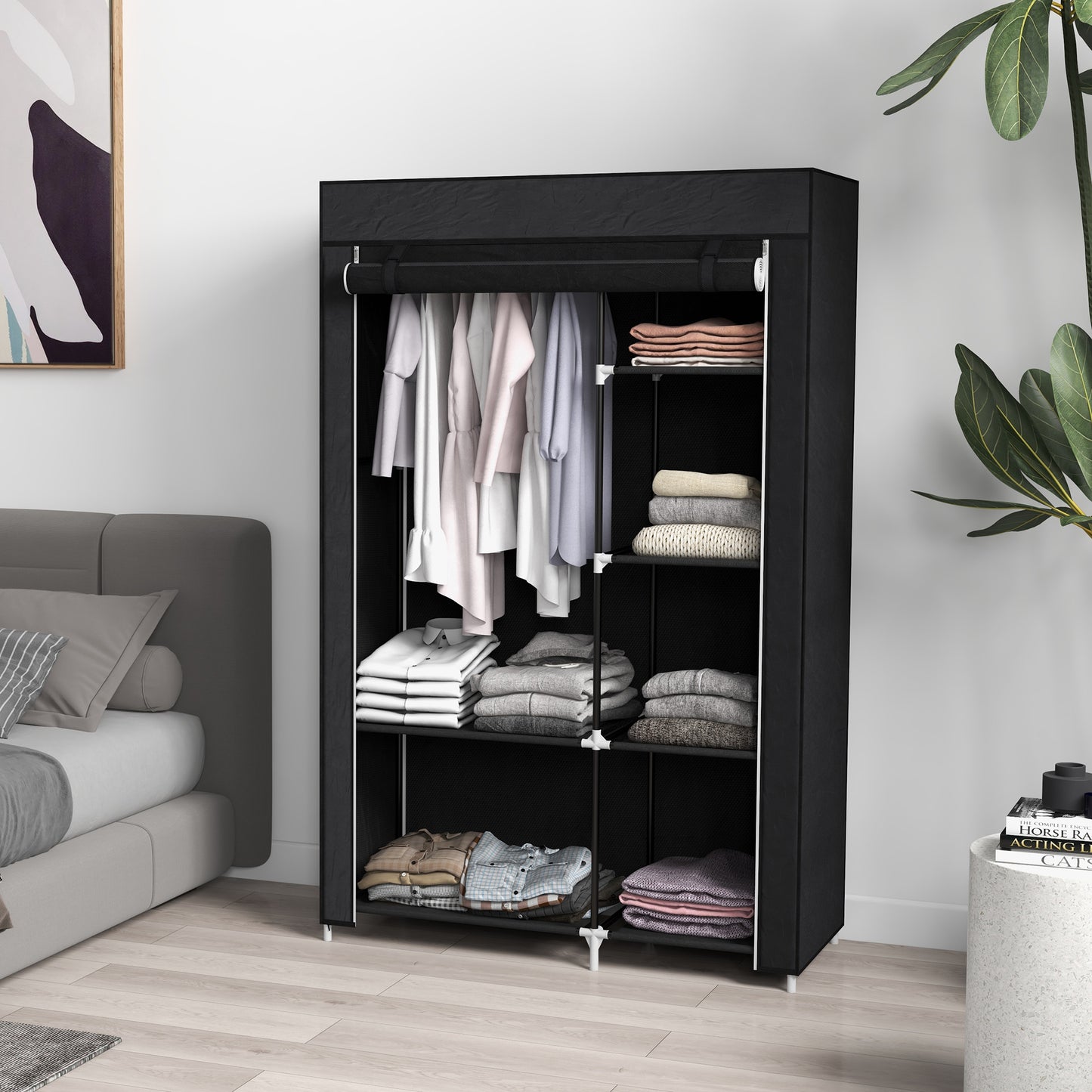 Dulap Portabil din Material, Dulap cu 6 Rafturi Deschise, 1 Bară și Ușă cu Fermoar, 103x43x162,5 cm, Negru