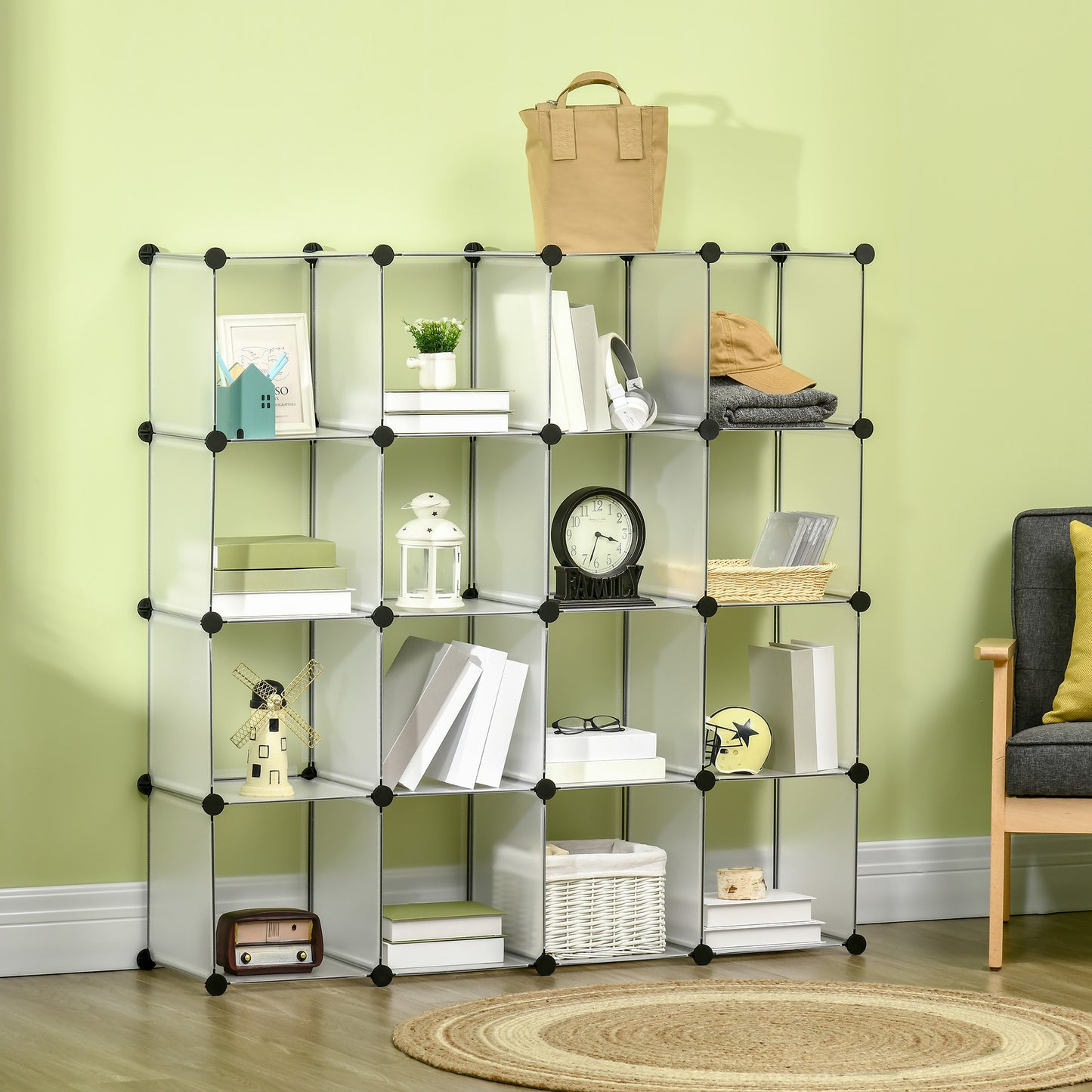 Mobilier pentru incaltaminte modular, 16 cuburi 30x30x30cm din plastic PP si otel , transparent