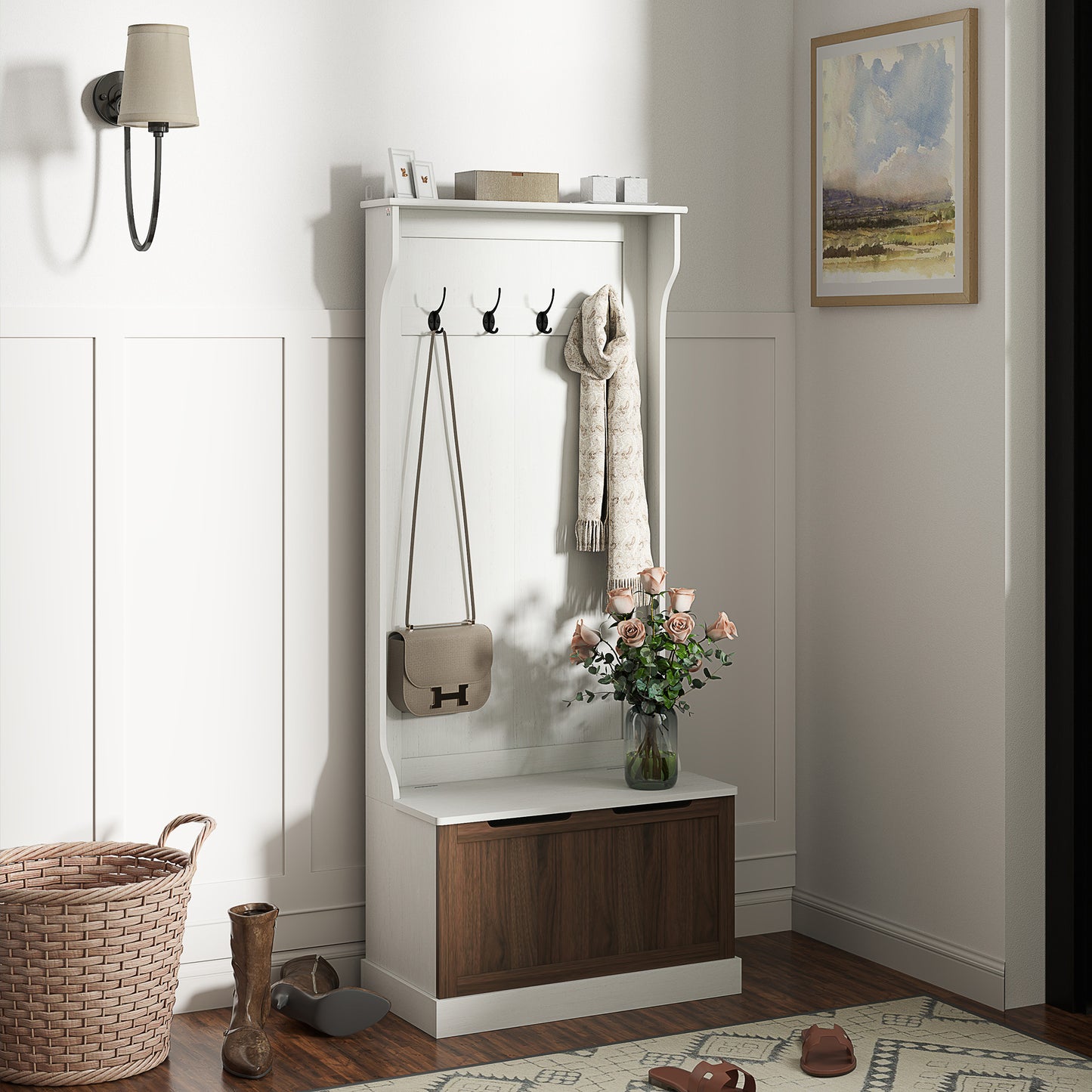 Dulap de Haine 3 în 1 cu 4 Cârlige și Bancă cu Spațiu de Depozitare, din Lemn, 71.5x39.5x170 cm, Alb