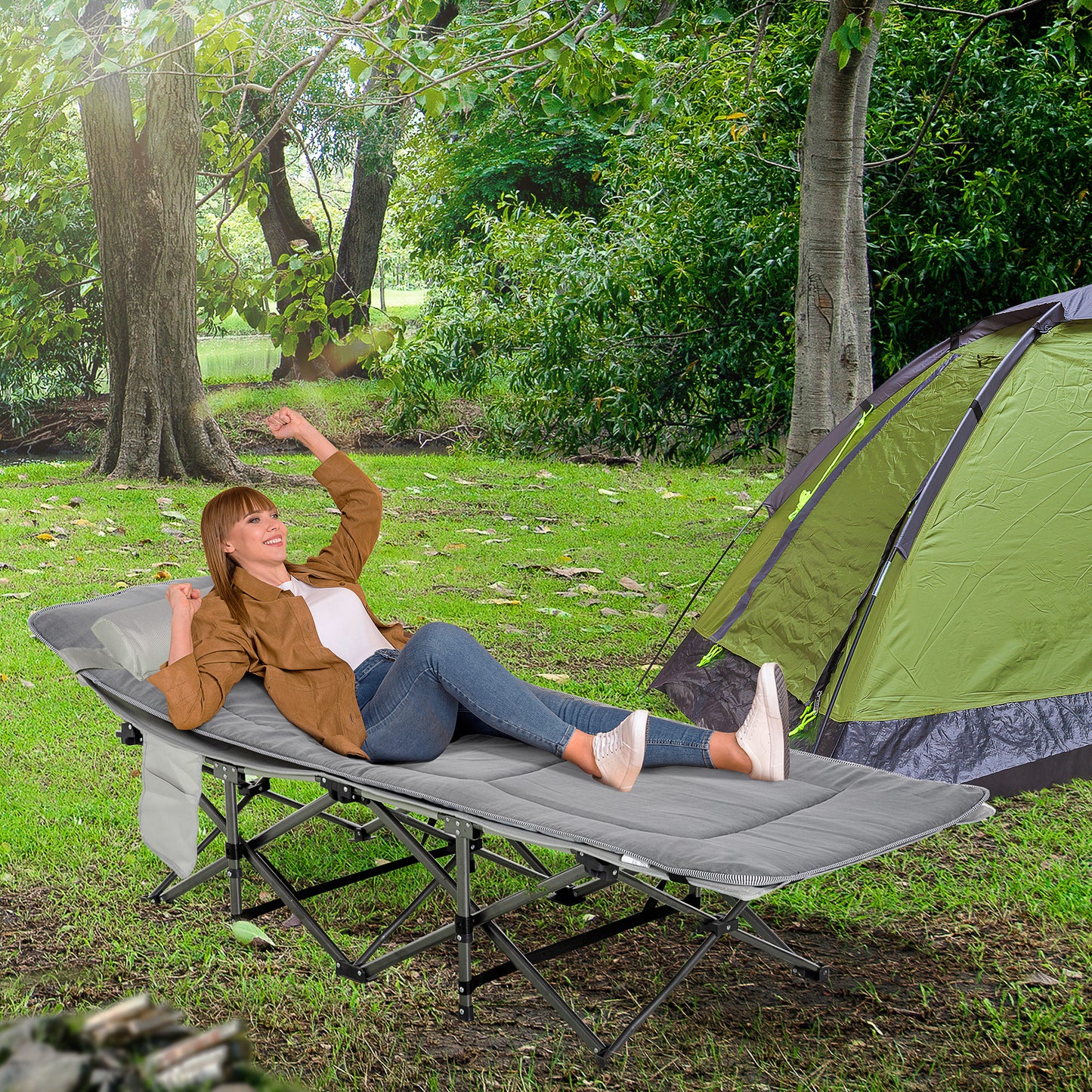 Pat Pliabil pentru Camping cu Buzunare de Depozitare și Geantă de Transport, Pat pentru Camping, 188x64.5x53 cm, Gri