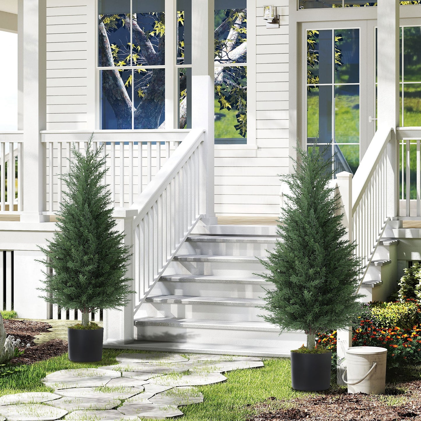 Set 2 Plante Artificiale de Chiparos cu 362 Frunze și Ghiveci cu Ciment și Mușchi, Plante Rezistente la UV, Ø40x90 cm, Verde