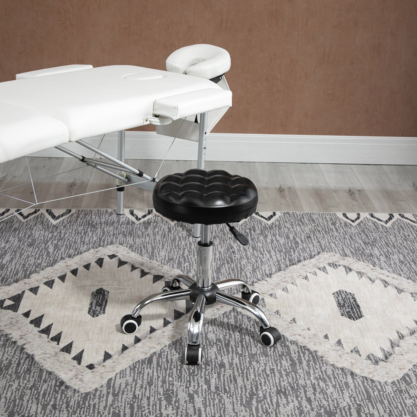 Taburet Reglabil pe Inaltime cu 5 Roti Pivotante, din Otel, Spuma de Cauciuc si Imitatie de Piele, Ф48x47-59lcm, Negru