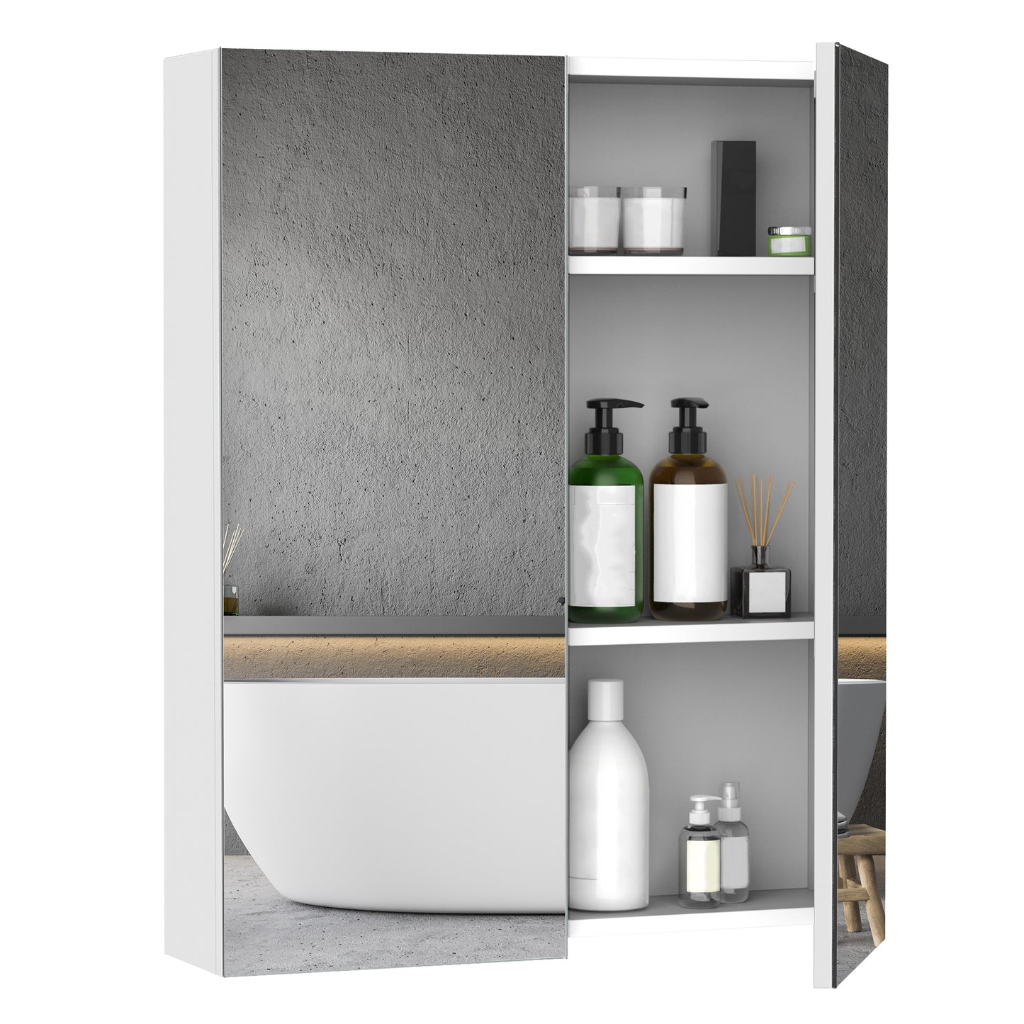 Dulap de Baie Suspendat cu Două Uși Frontale, Oglindă și 2 Rafturi Interioare din MDF, 60x15x75 cm, Alb