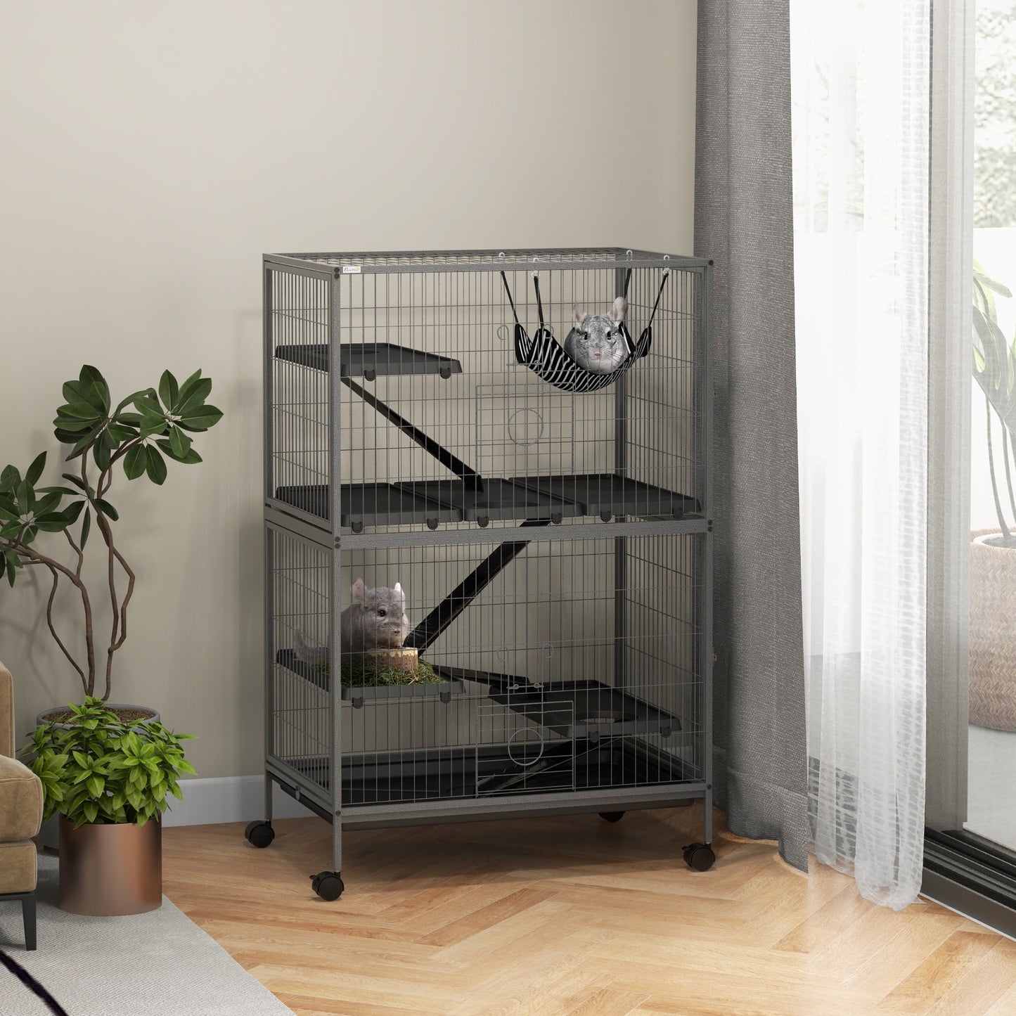 Cușcă pentru Rozătoare cu 4 Intrări la Nivele Multiple cu Hamac, din Metal și PP, 80x52x128 cm, Argintiu și Gri