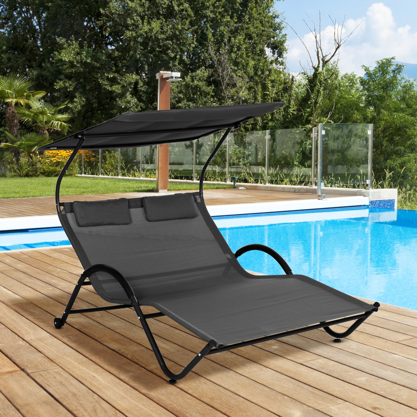 Șezlong Dublu de Grădină pentru 2 Persoane, cu Acoperiș Parasolar și Roți, Pat de Exterior Reglabil pentru Curte, Terasă sau Piscină