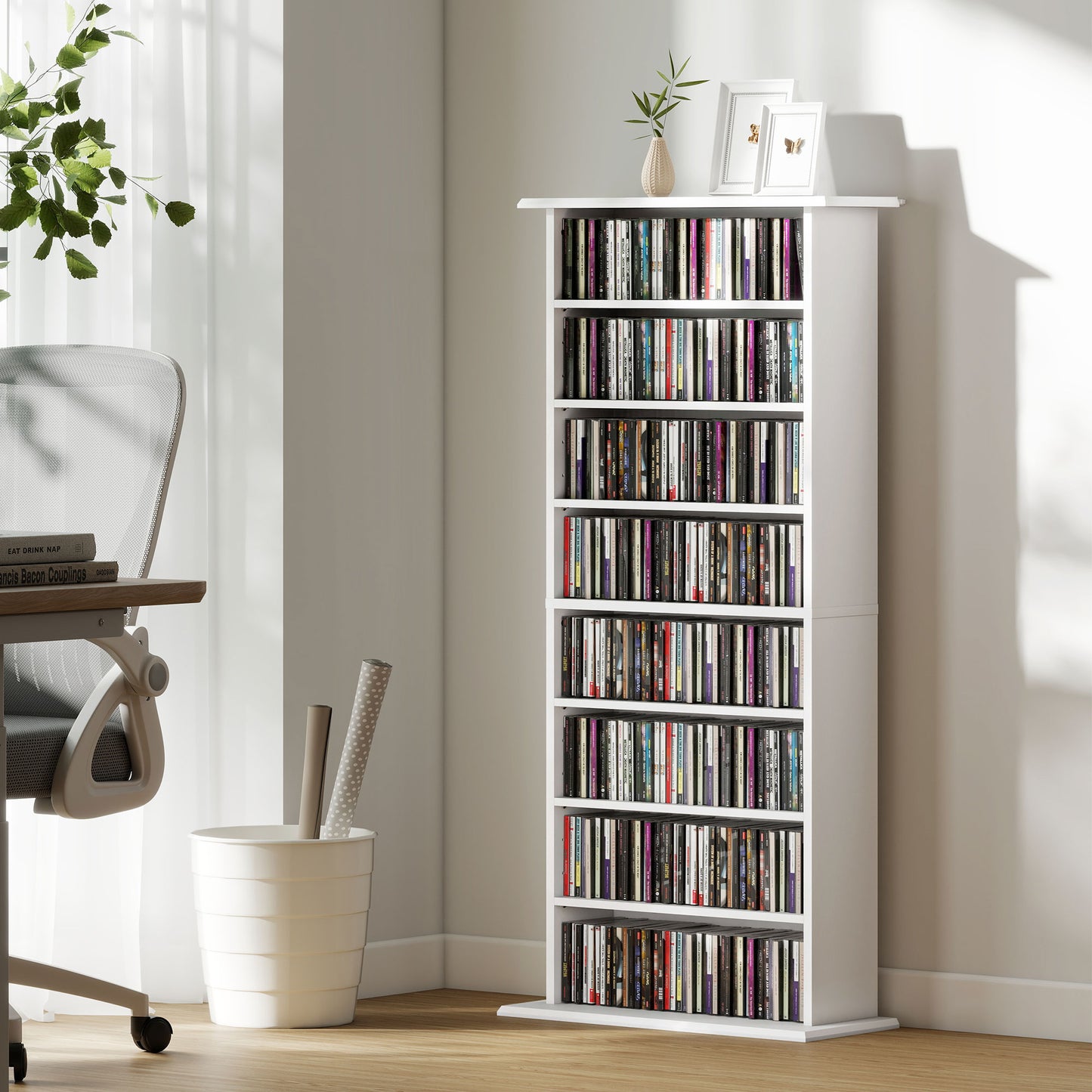 Raft pentru CD-uri cu 6 rafturi reglabile, capacitate de 360 CD-uri/185 DVD-uri, 58x24x124,5 cm, alb