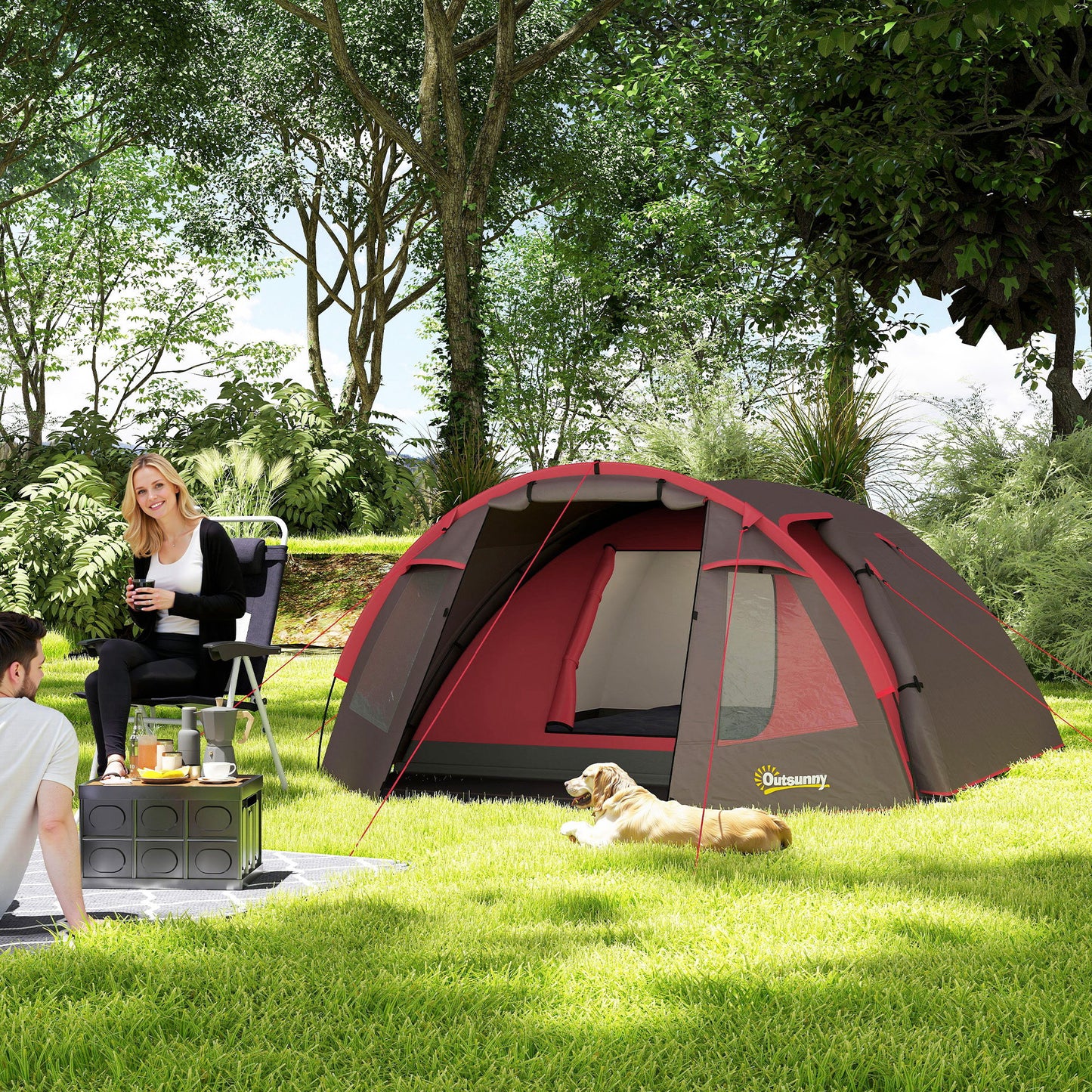 Cort de Camping de 2-4 Persoane cu Camere Separate, Impermeabil cu Uși Duble, Gri