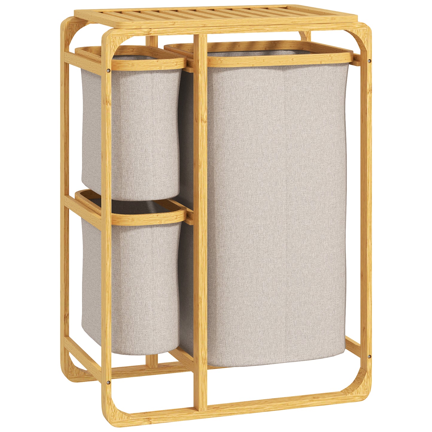 Coș pentru Rufe cu 3 Saci și Rafturi Detașabile din Material Textil din Bambus, 50x32x69,7 cm, Alb Crem